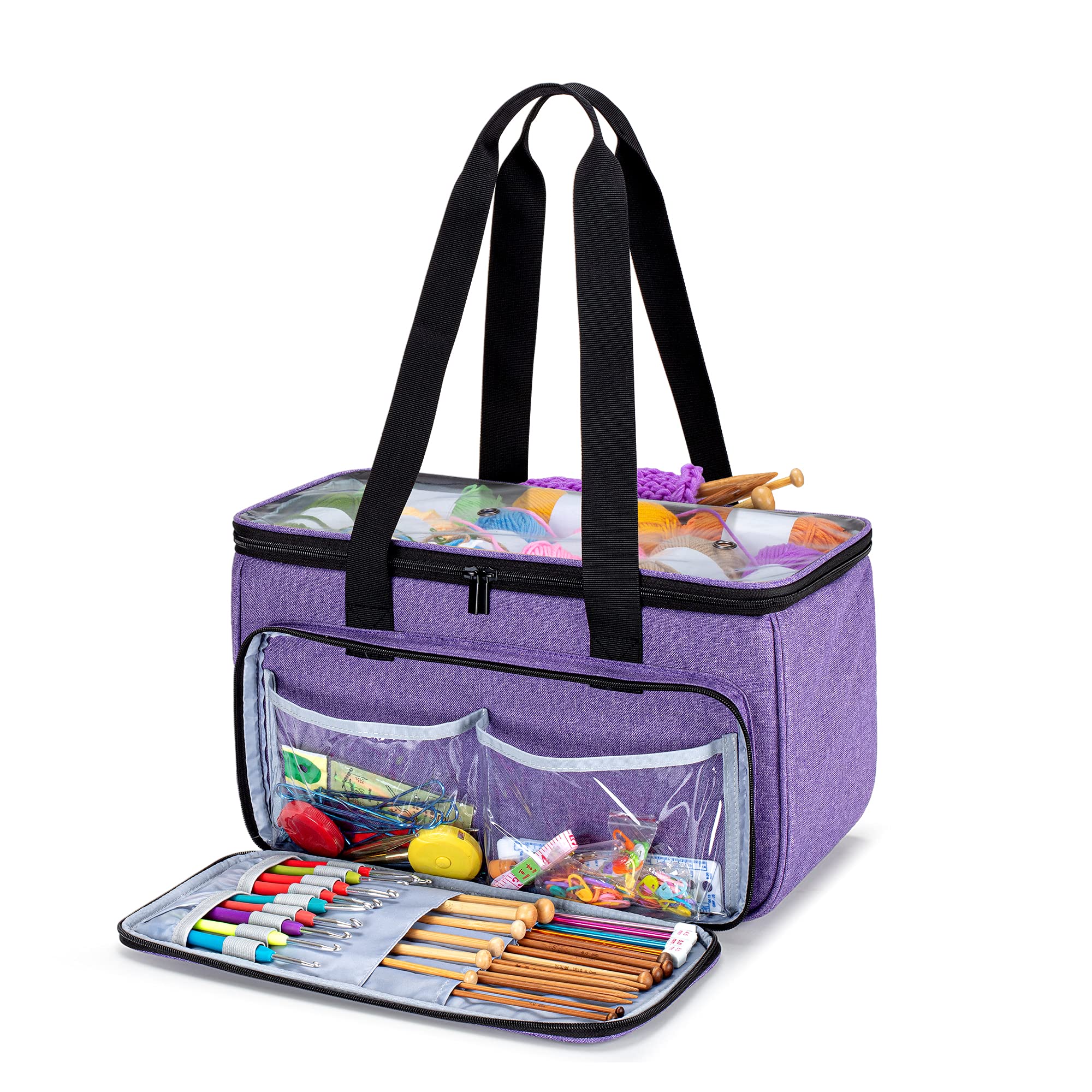 Yarwo Sac à Tricoter, Sac de Rangement pour Laine et Aiguilles à Tricoter, Organisateur avec Poches pour Projets Inachevés, Violet, Sac Vide
