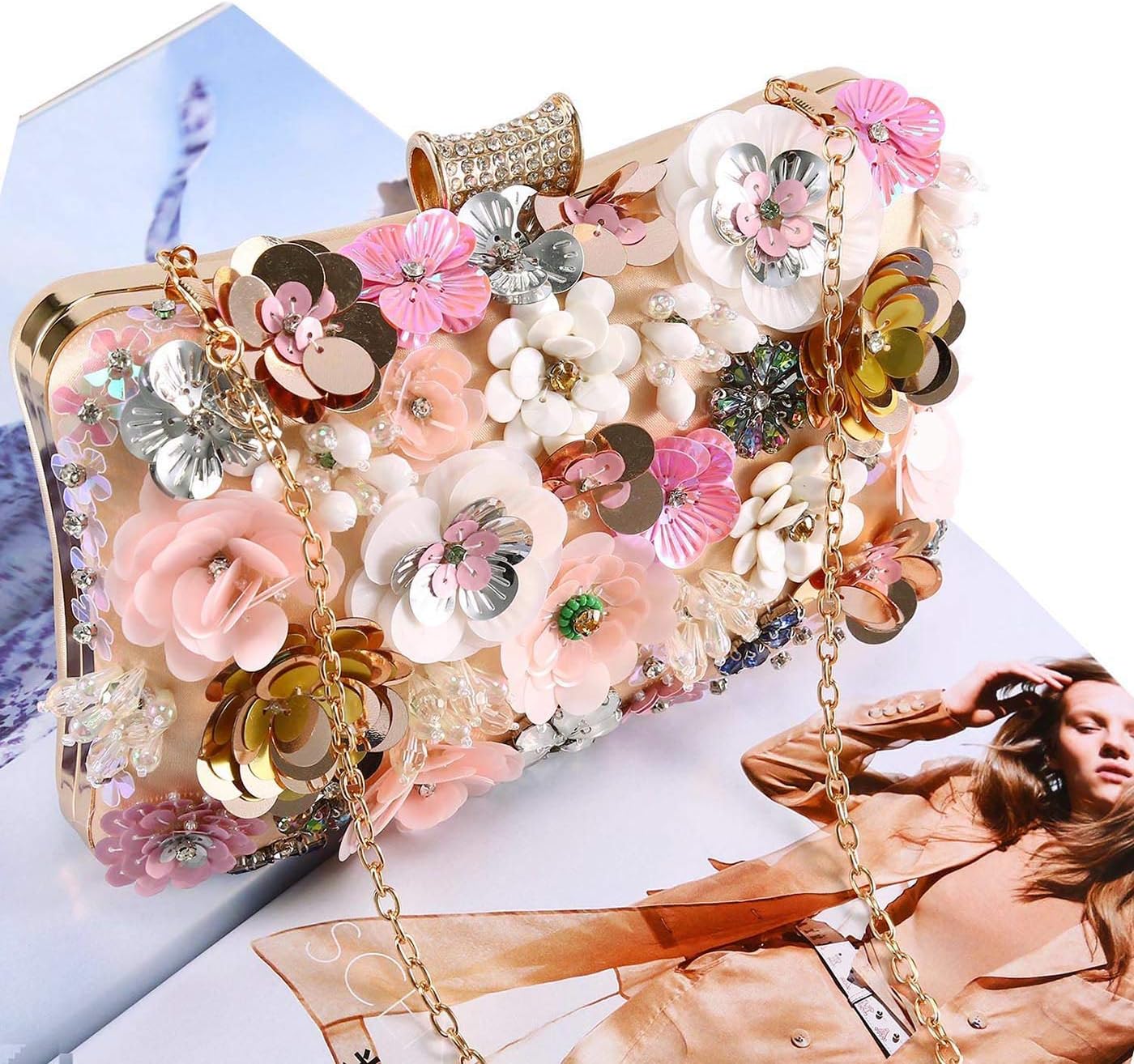 Selighting Colorful Flower Clutch Purse for Women Formal Evening Bag Beaded Pearl Purse for Wedding Prom Party Handbags - Image 3