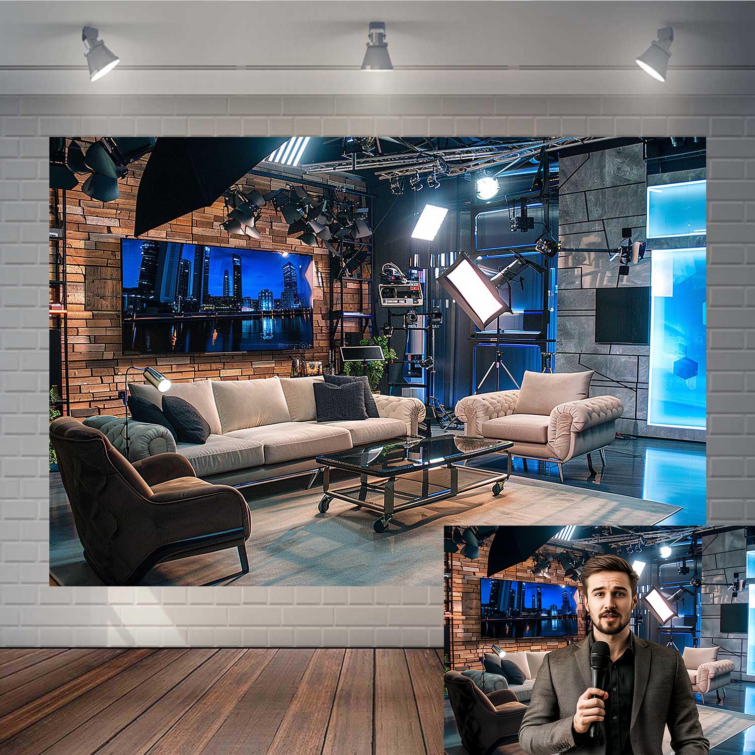 TOAOFY 7x5ft Podcast Backdrop TV Show Photo Background News Broadcasting Interview Conference Late Night Stage Background for Photo Booth Portrait