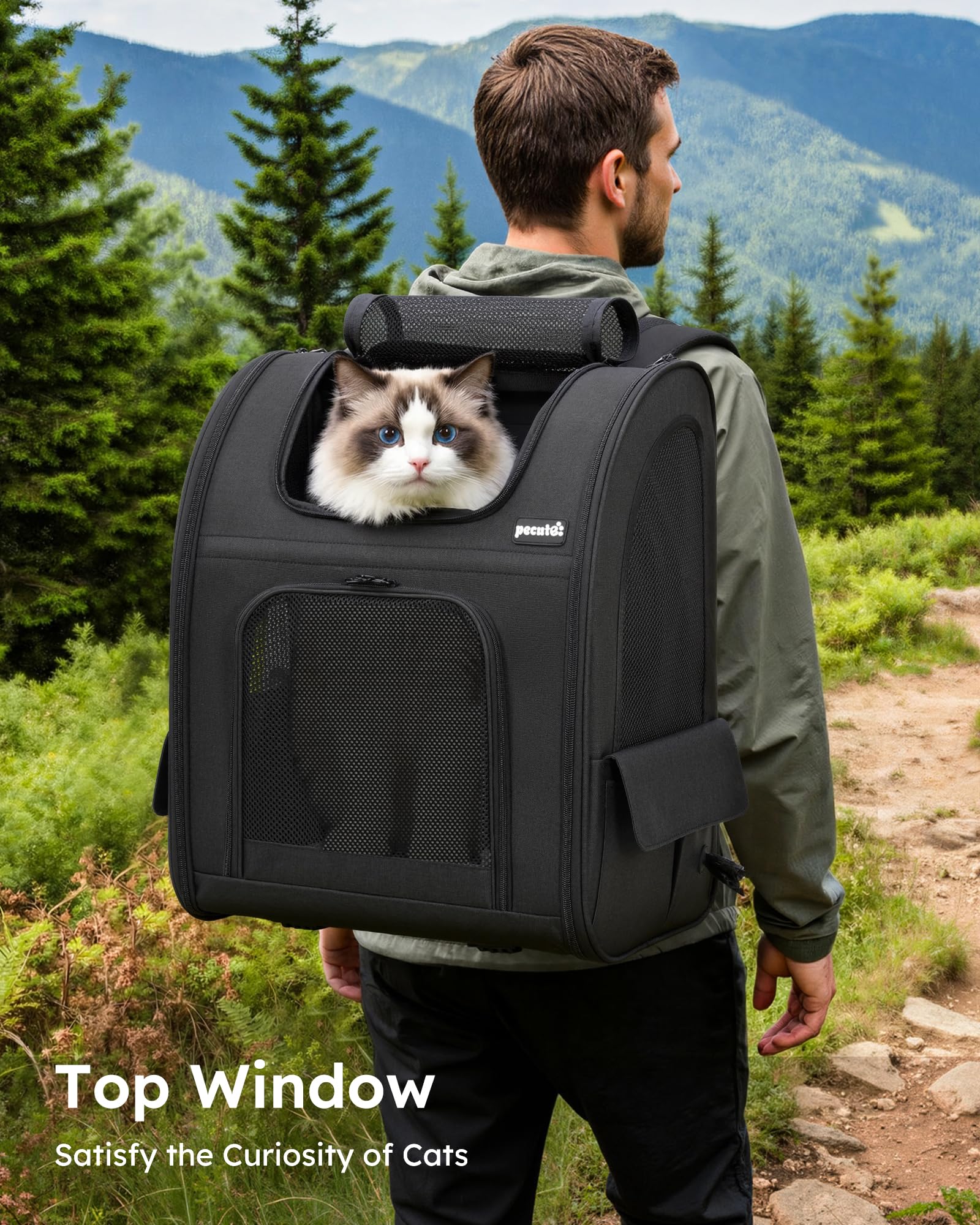 Pecute Zaino per Cani Gatti Grandi Estensibile, Cuccia Portatile, Trasportino Estraibile Indicato per Viaggi Sia Lunghi Che Corti（Nero)