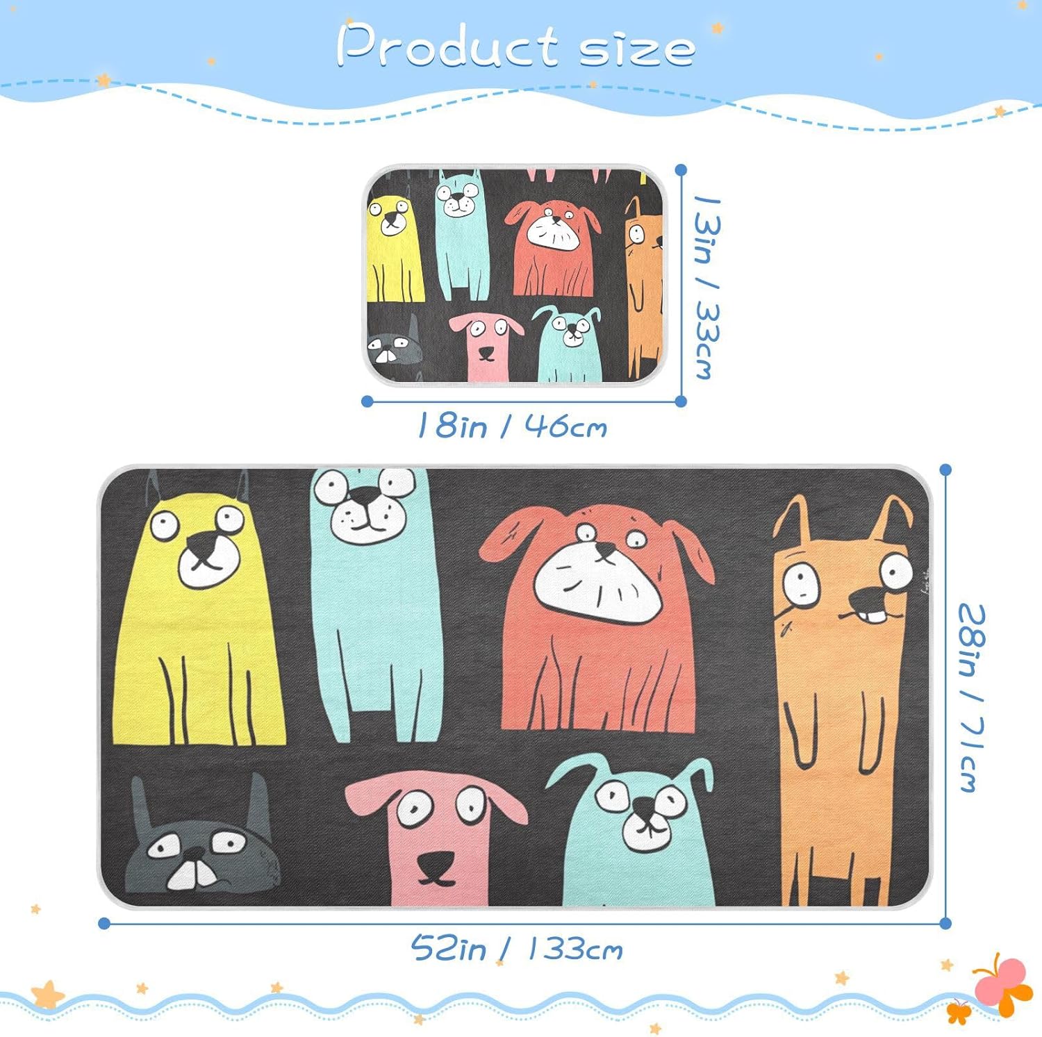 Cartoon Colorful Dogs Cute Cooling Baby Mattress Pee Training 28" x 52" Reusable Mattress pad Cover for Baby&Toddler