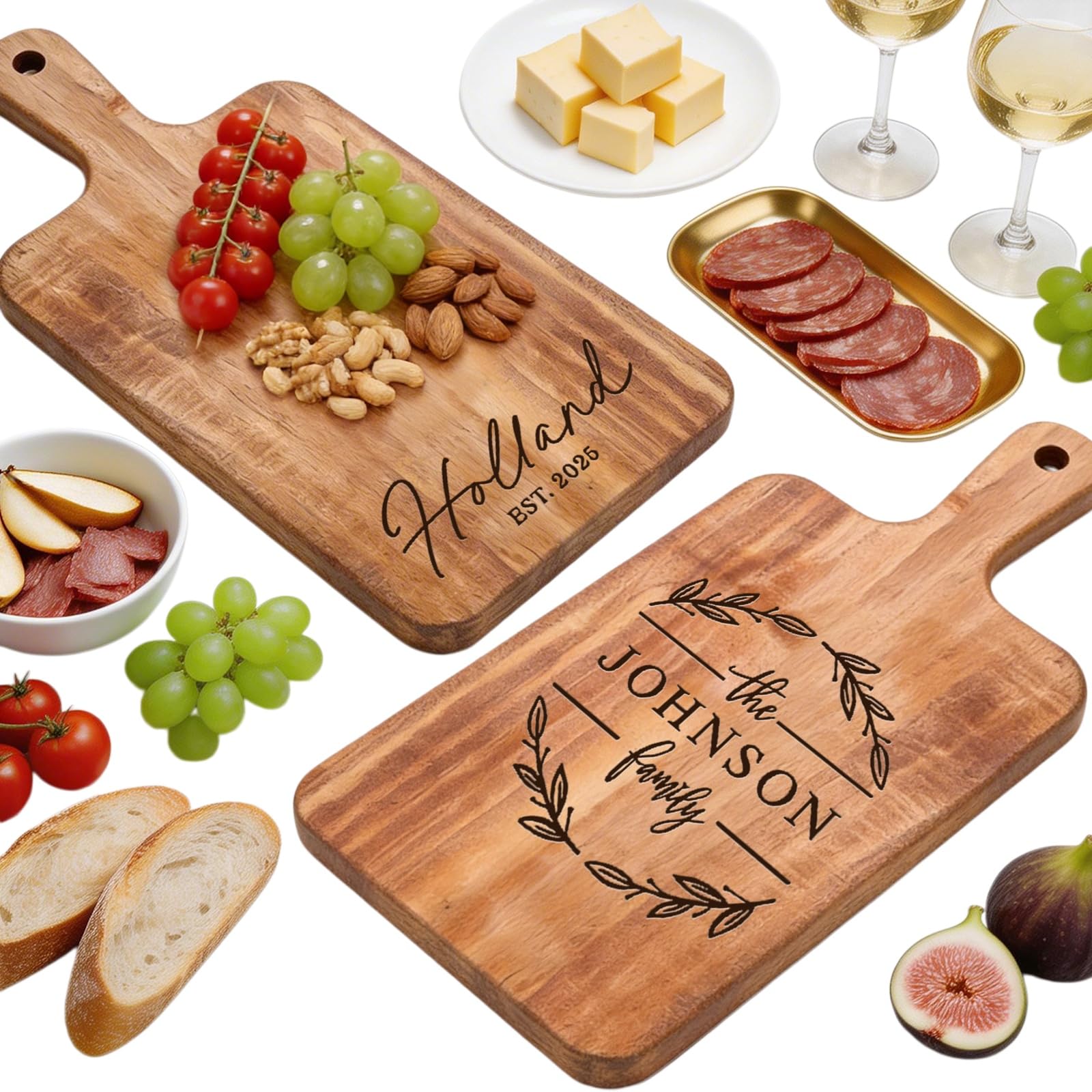 Tabla de cortar de acacia personalizada con asa, tabla de queso con nombre grabado personalizado, para charcutería, carne, pizza, pan, verduras, regalos para mamá, esposa, familia, amigos