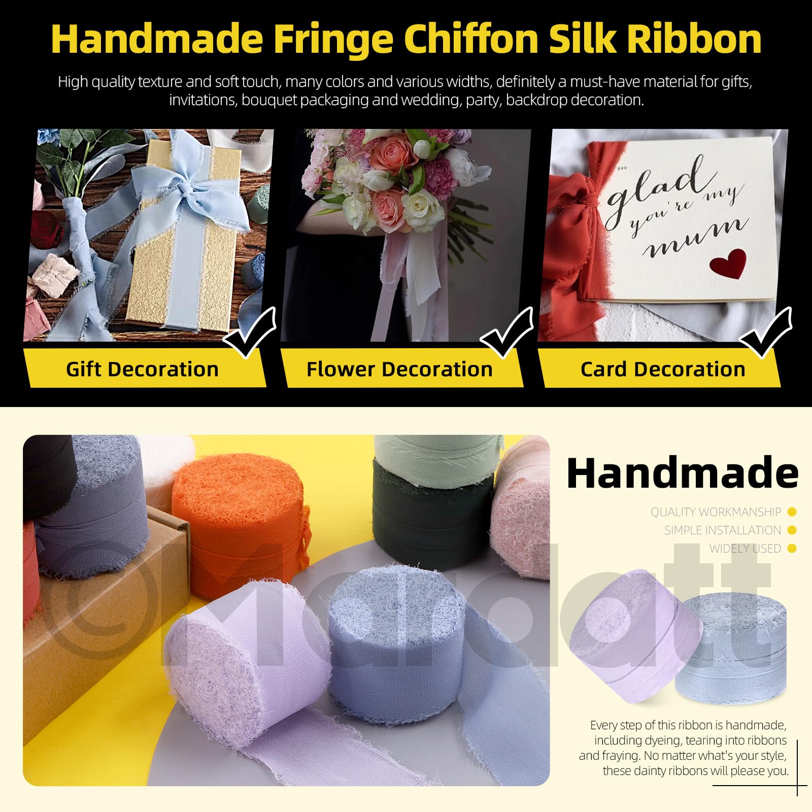 Mardatt 1 Roll 1.5" x 11 Yard Chiffon Ribbon Handmade Fringe Chiffon Silk Ribbon Fabric Ribbon for DIY Craft Wedding Invitations Bridal Bouquets(Black) - Image 3