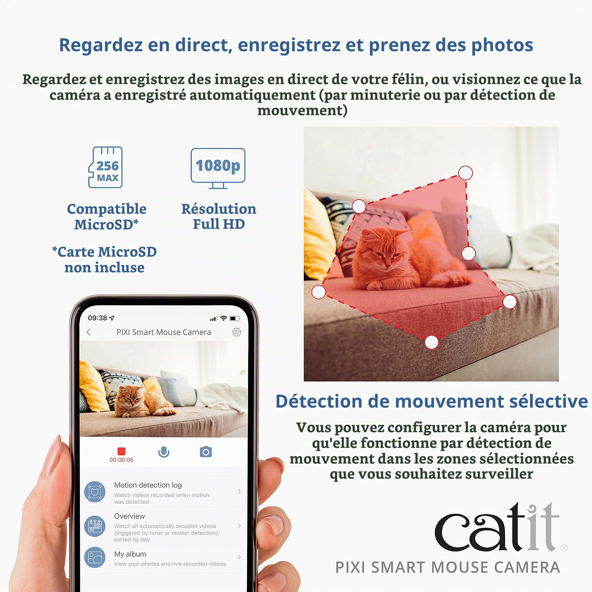 Catit PIXI Caméra Intelligente pour Animaux de Compagnie – Caméra 360° contrôlée par Application pour Chats avec Vision Nocturne, Audio bidirectionnel et détection de Mouvement – Enregistrez et