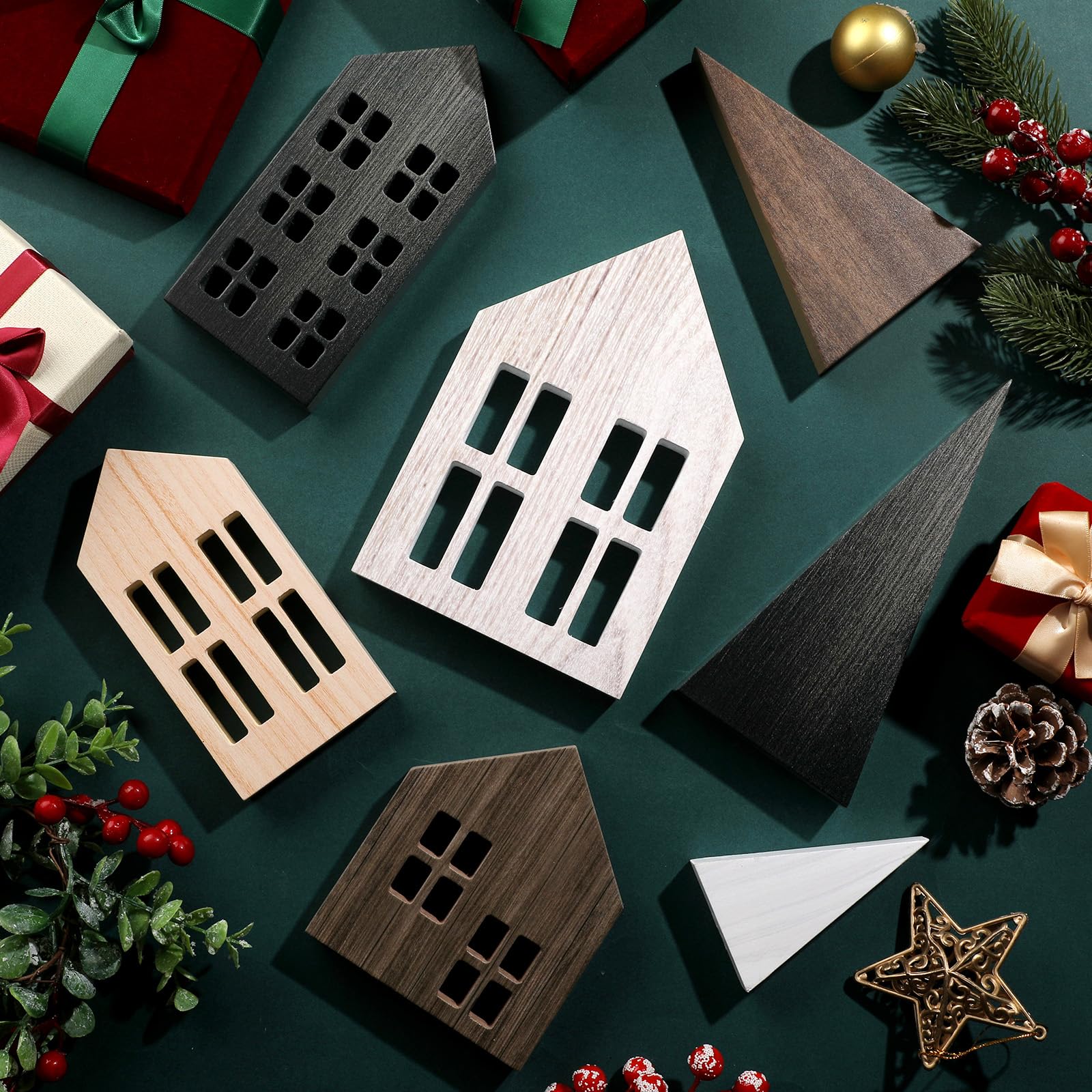 Marsui 7 piezas de decoración de mesa de casa de campo de Navidad, decoración de siluetas de casa de madera rústica, decoración de mesa de árbol, decoración de Navidad para el hogar, decoración de