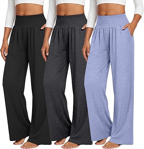 Neer Paquete de 3 Pantalones de Yoga de Pierna Ancha para Mujer, Pantalones Cómodos de Descanso con Bolsillos, Pantalones de Chándal Elásticos para