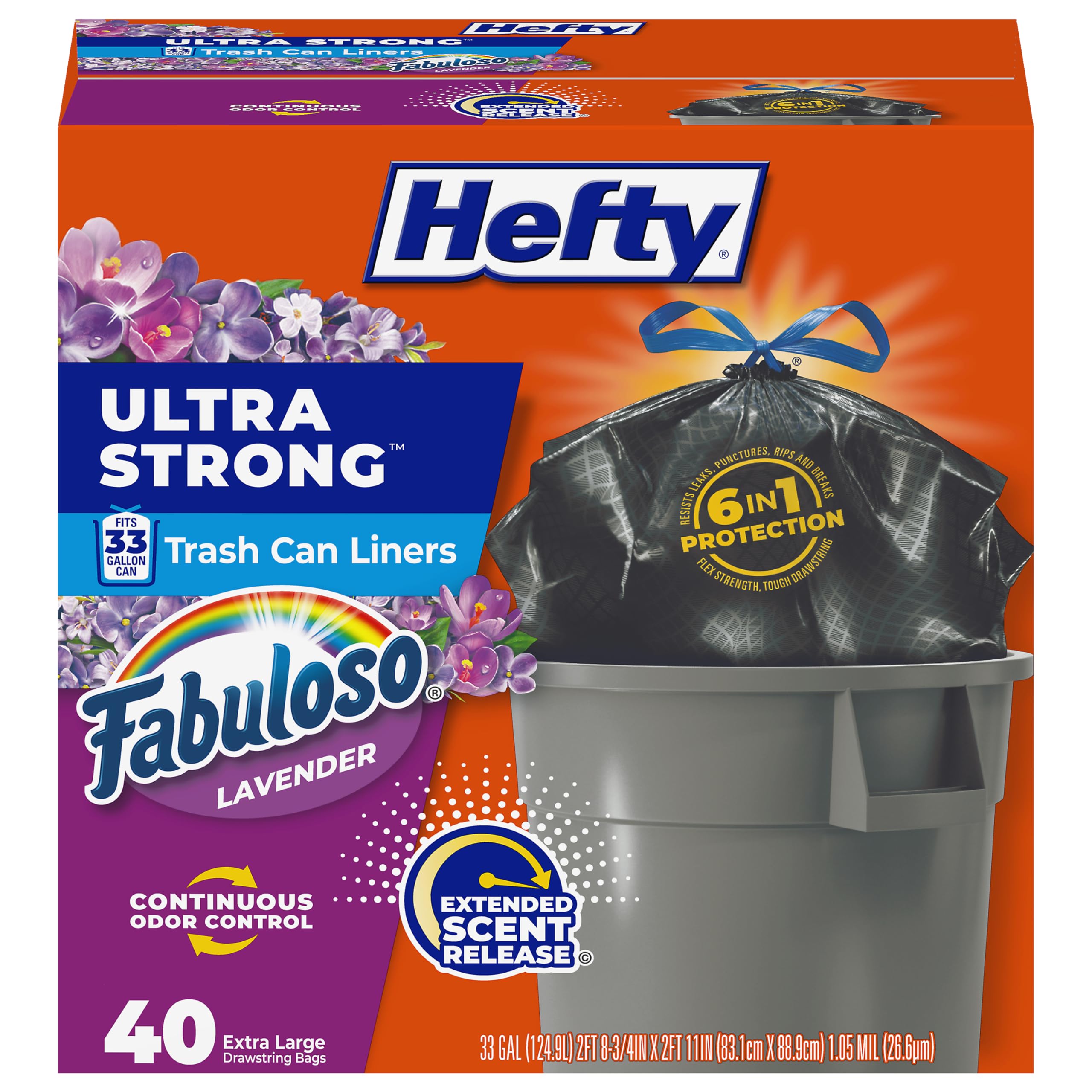 Hefty Ultra Strong 33 Gal Trash Bags, Black, Fabuloso Lavender, 40ct