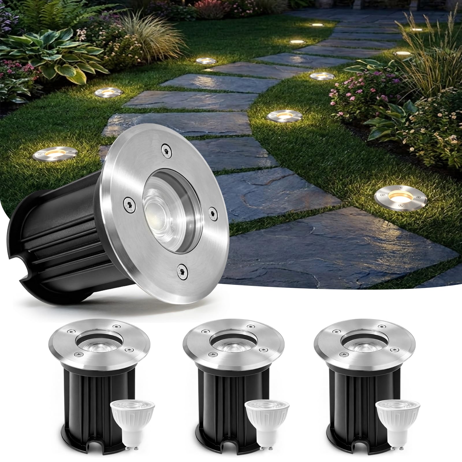 GeyouLux Runder Bodenstrahler Außen, mit 6W GU10 Leuchtmittel, IP67, 4 St | 2700K Warmweiß, LED überfahrbarer Edelstahl Bodeneinbaustrahler für Rasenflächen, Einfahrten, Terrassen, Gärten