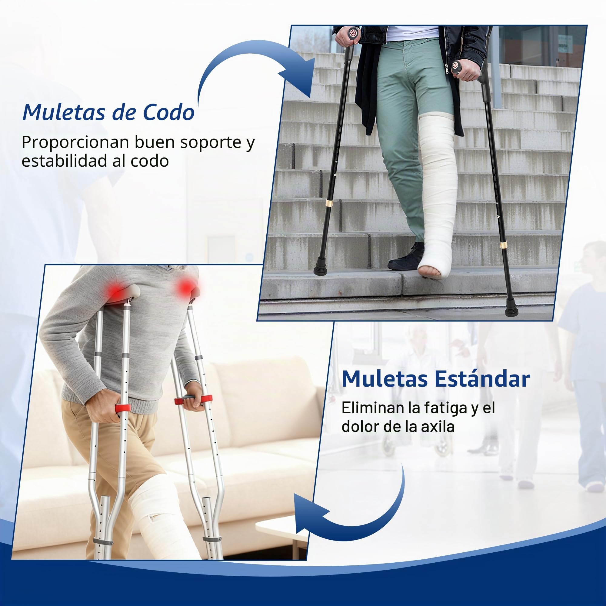Muletas plegables para antebrazo para adultos (juego de 2) con patas de goma antideslizantes | Muletas de codo ajustables y ligeras con puños, muletas de viaje, ayudas para movilidad y caminar, color negro