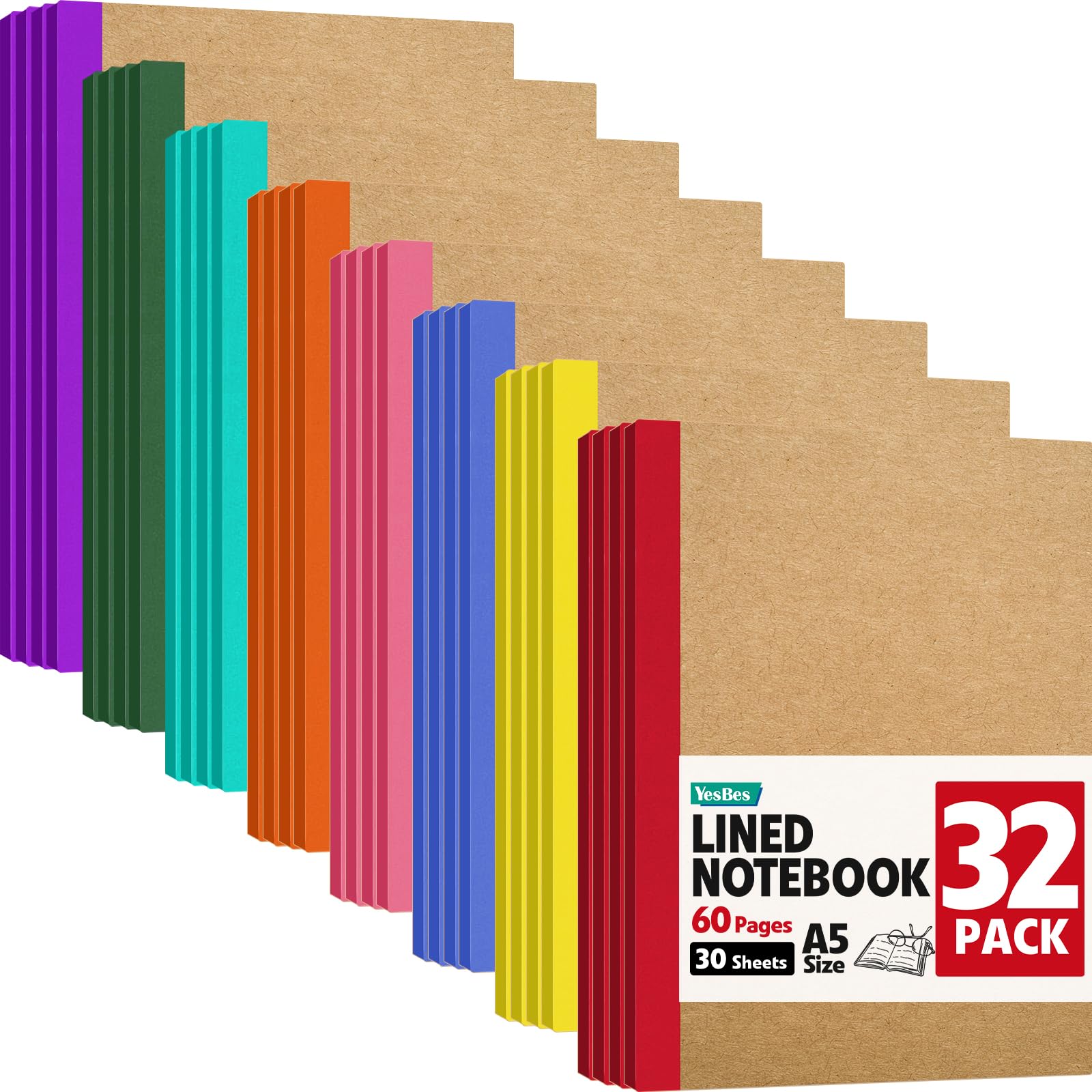 YesBes Confezione da 32 quaderni per composizione, formato A5, copertina in carta kraft, a righe, 21,1 x 14 cm, per scuola, ufficio, studenti, artisti, 8 colori, 60 pagine