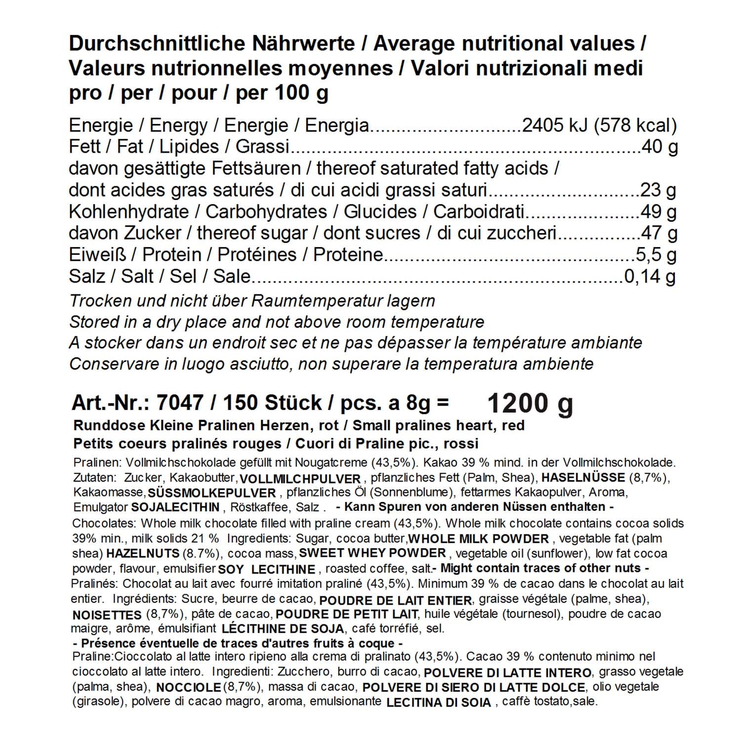 Günthart Pralinen Herzen gefüllt mit Nougat Creme 1.2 kg Gold