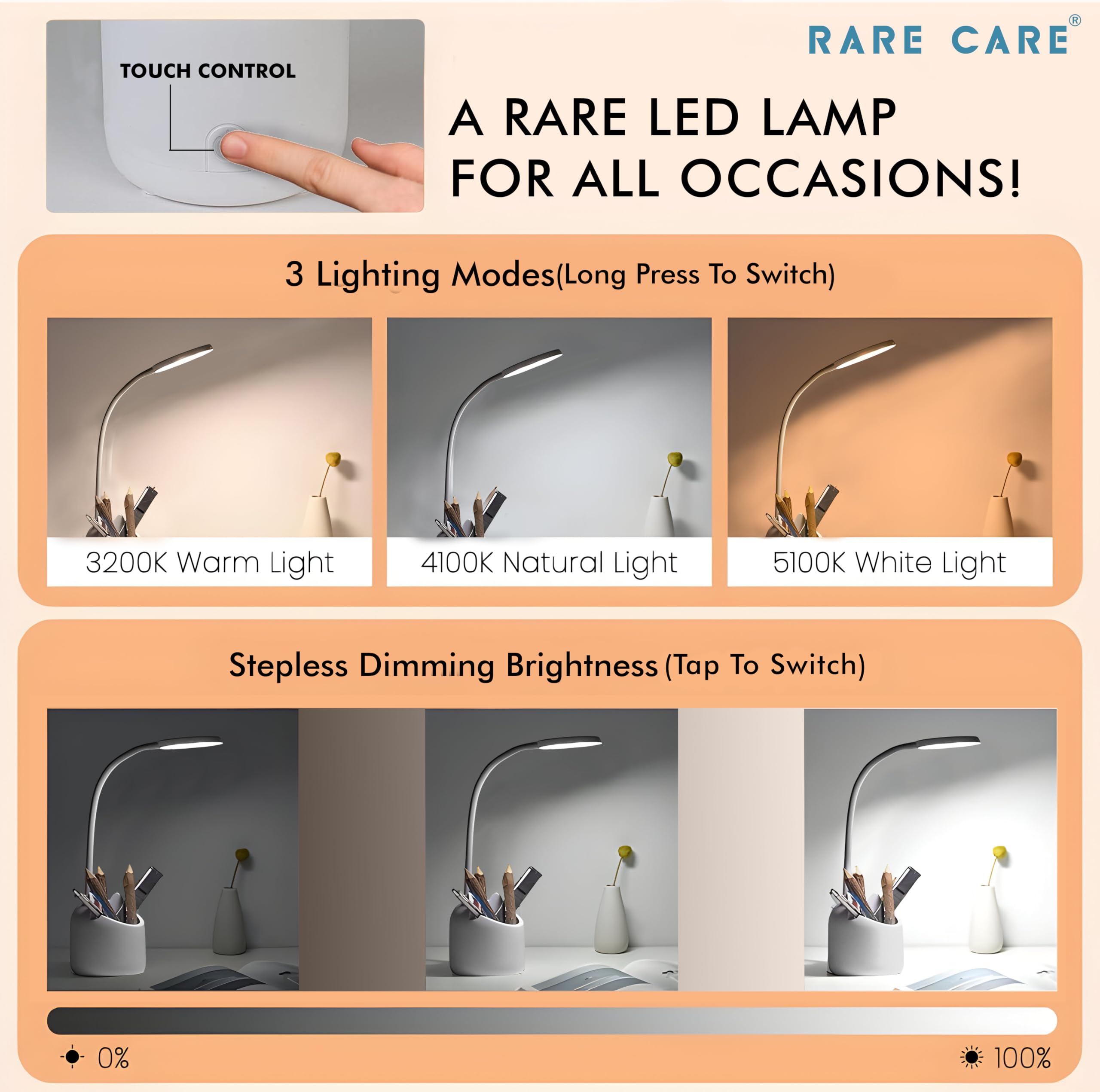 RARECARE Table Lamp for Study Room | Study Lamp with 3 Light Modes | 1 Year Warranty | Lamp Light for Study | Rechargeable Led Light with Big Battery - 1200 mAh - Image 3 thumbnail