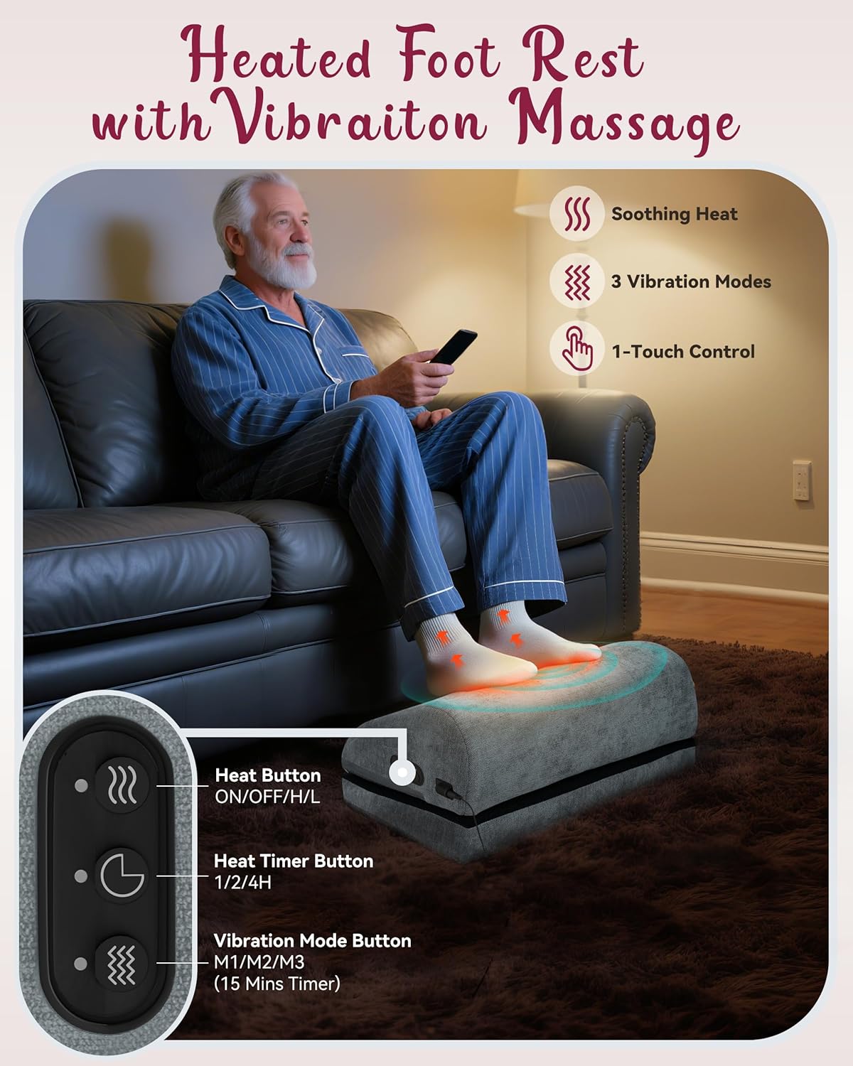 Heated Foot Rest for Under Desk at Work, Foot Stool with Vibration Massage, 2 Heat Levels, Ergonomic Memory Foam Feet Warmer Heater