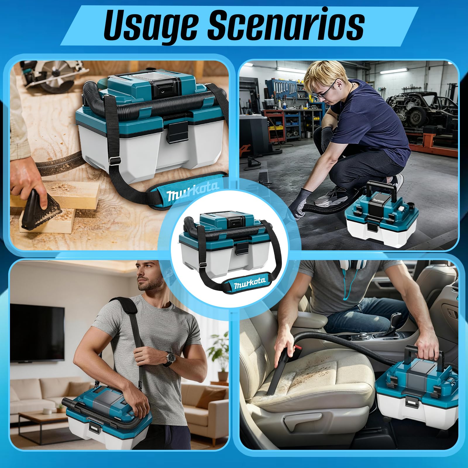 Aspiradora InaláMbrica Para SóLidos Y LíQuidos, Aspiradora De Taller 3 En 1 Con Correa Para El Hombro Und Capacidad 15 Litros DepóSito Gran Aspiradora Para Coche Para Hogar Garaje Coche Y Taller