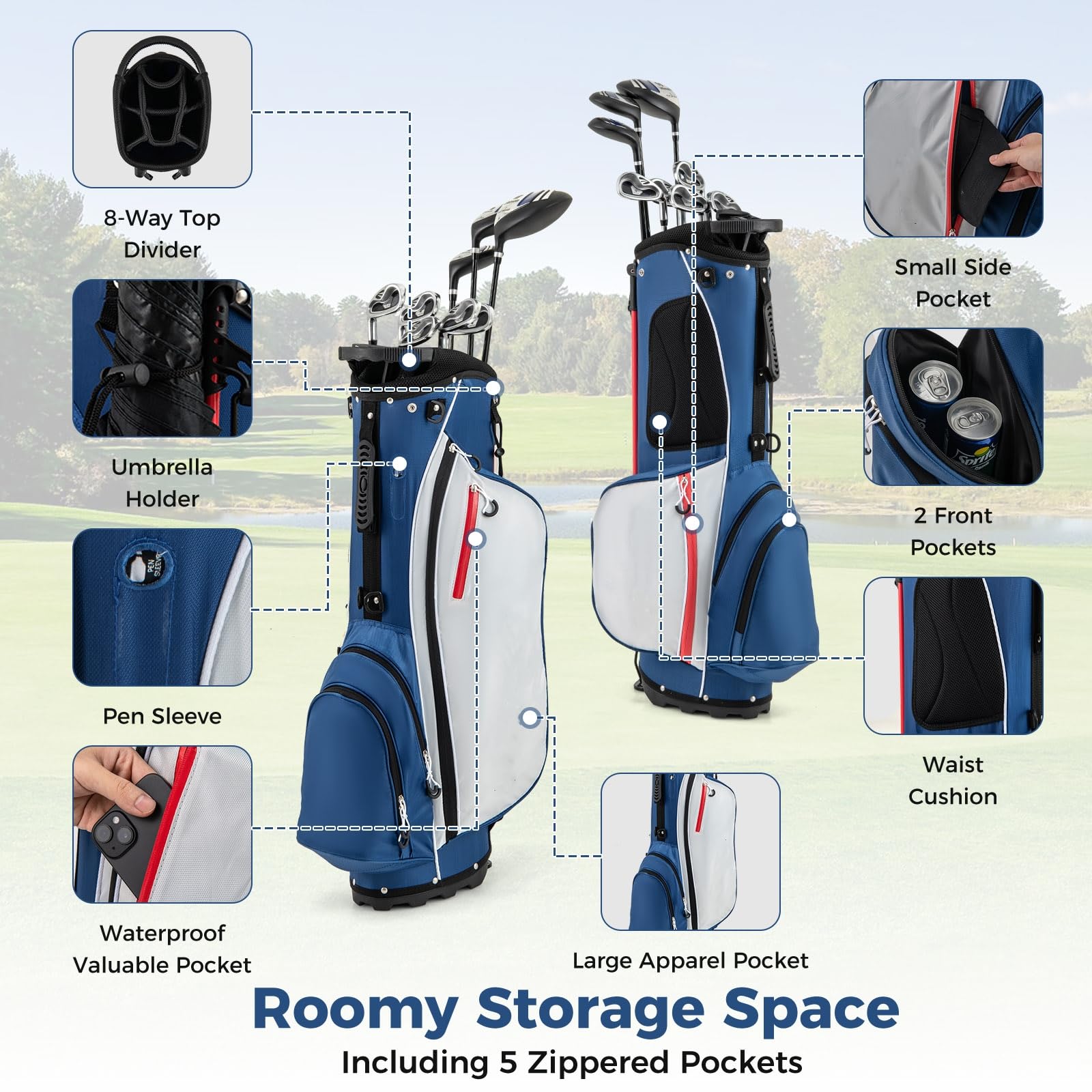 LIFEZEAL Komplettes Golfset für Herren, Golfset tragbar rechts, Tasche mit 7 Fächern, Putter, 3 Holz: Driver #1, Fairway #3, Hybrid #4, 5 Nadeln: #6, #7, #8, #9, Pitching Wedge