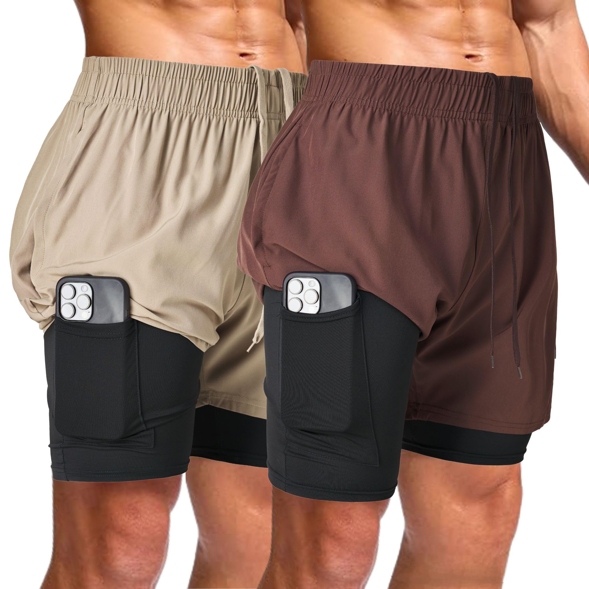 Ultra Performance Men's Athletic 2 in 1 Compression Shorts 2 Pack Mens Gym Workout Running Short’s for Men, 5 Inch Inseam Espresso/Khaki