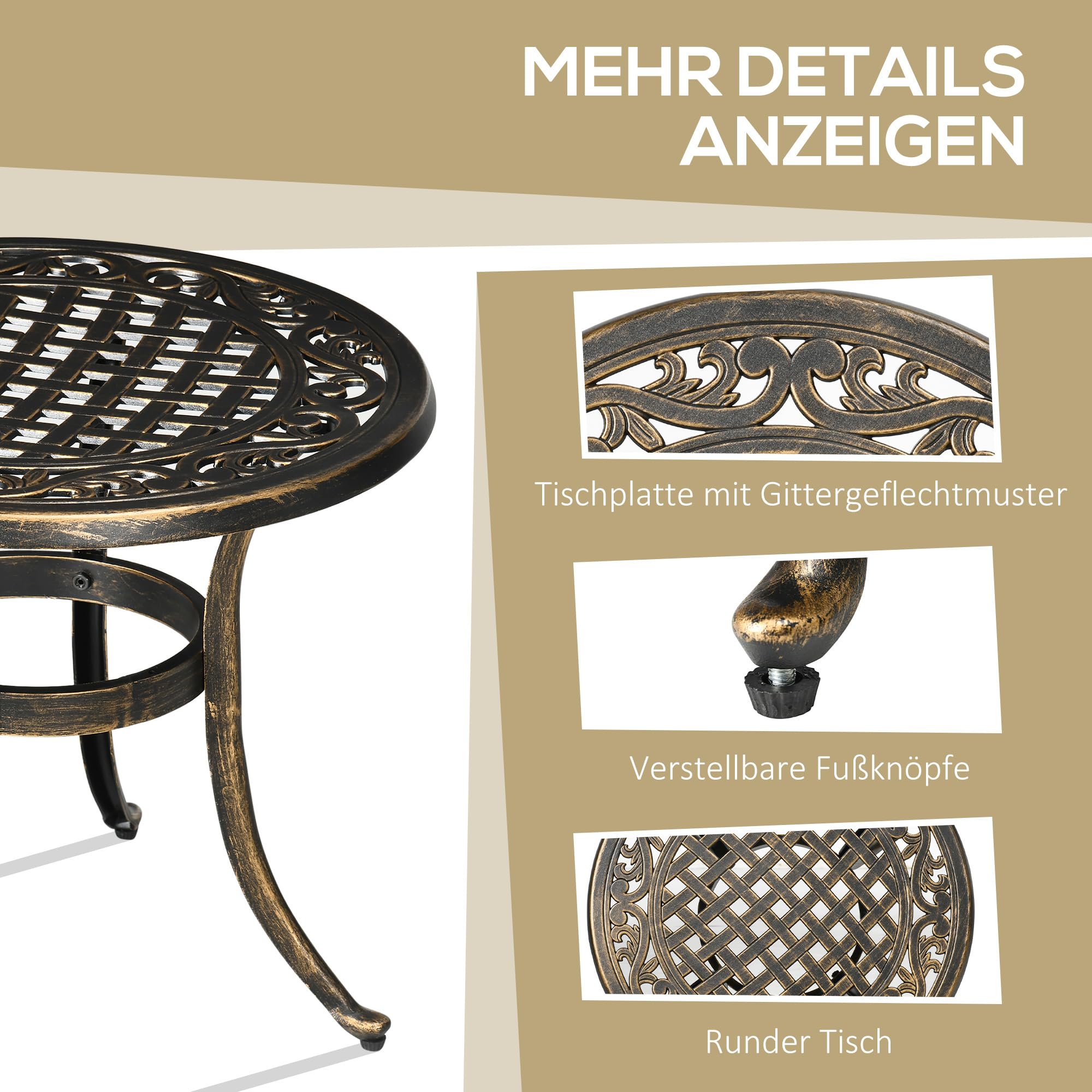 Outsunny Beistelltisch Garten mit Gussaluminiumrahmen Ø60x52,5H cm Bronze | Wetterfester Gartentisch, Runder Balkontisch, Kaffeetisch, 60kg Belastbar, Sofatisch, für Outdoor Indoor Balkon Terrasse