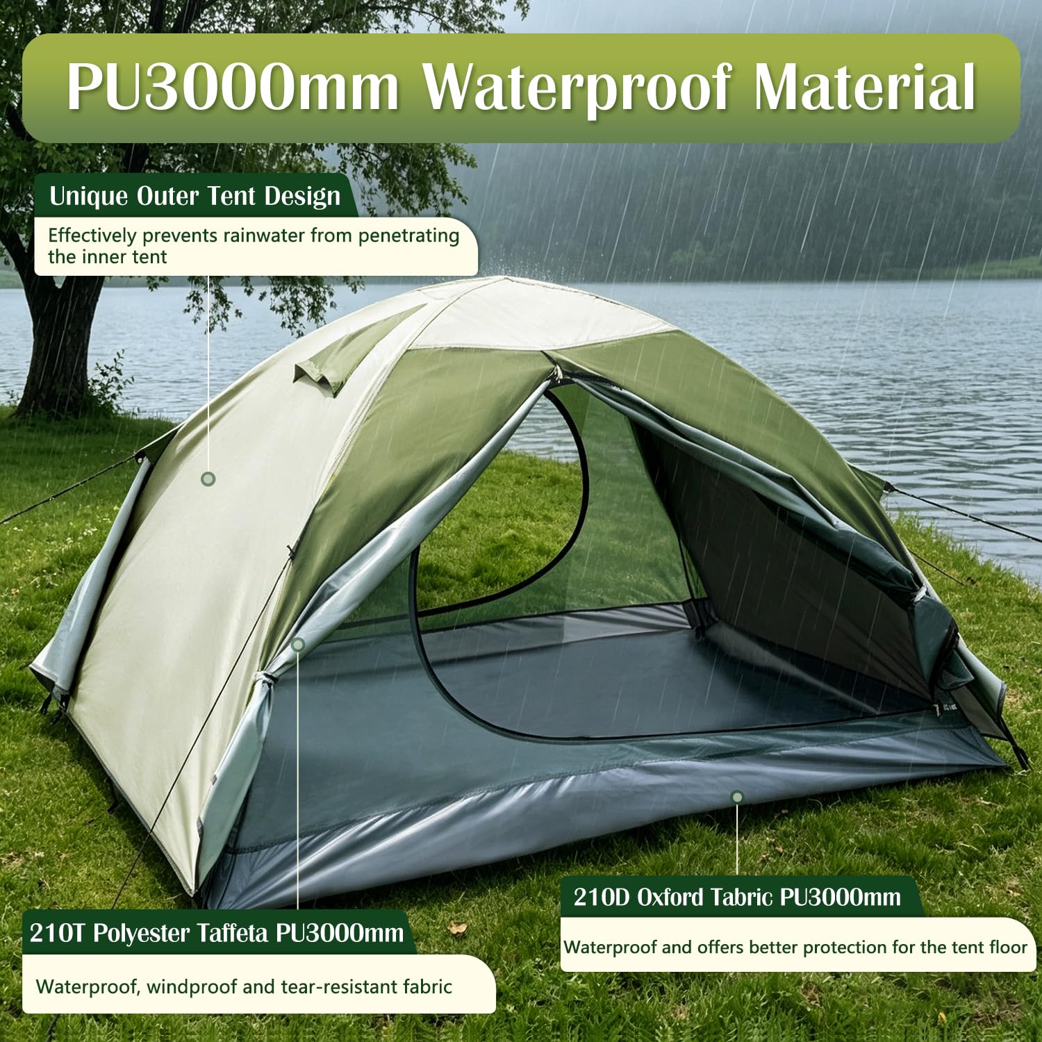 Tienda de Campaña 1-2 Personas, Doble Capa Acampar Tienda con Ventilación, Ultraligera, Impermeable (3000 mm), Fácil de Instalar, 3-4 Estaciones, Ideal para Camping, Senderismo, Trekking
