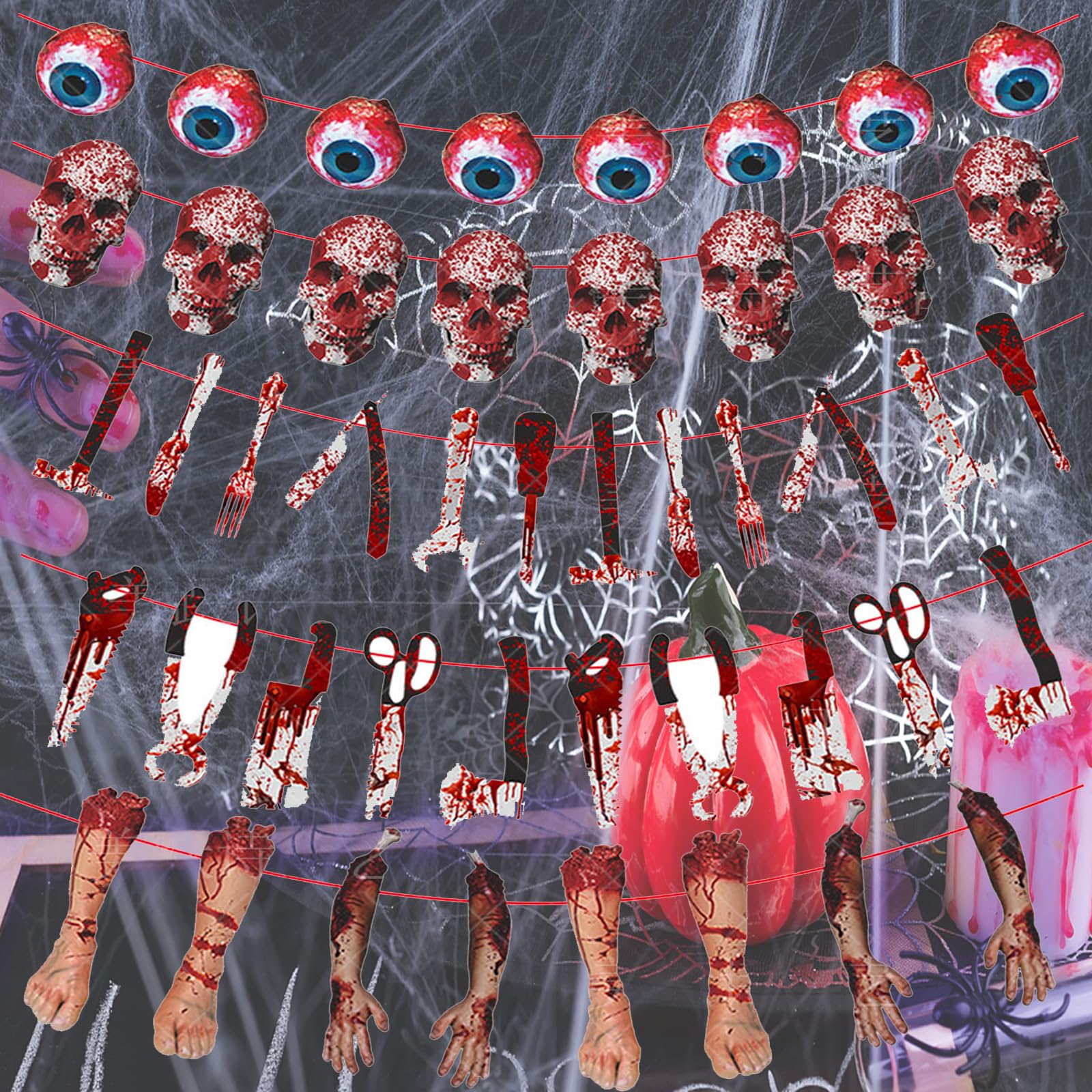 Decorazioni Halloween - 5 Striscioni Horror Con Coltelli Insanguinati E Teschi Per Feste - Foto 5