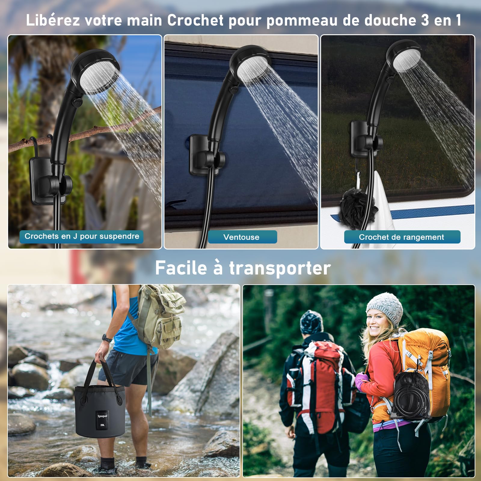 Spopal Camping Douche Portable, Kit Douche de Camping,Rechargeable,6000mAh, avec Seau Pliable 20L,Afficheur Intelligent et Pomme de Douche 4 Modes pour Extérieure,Camping