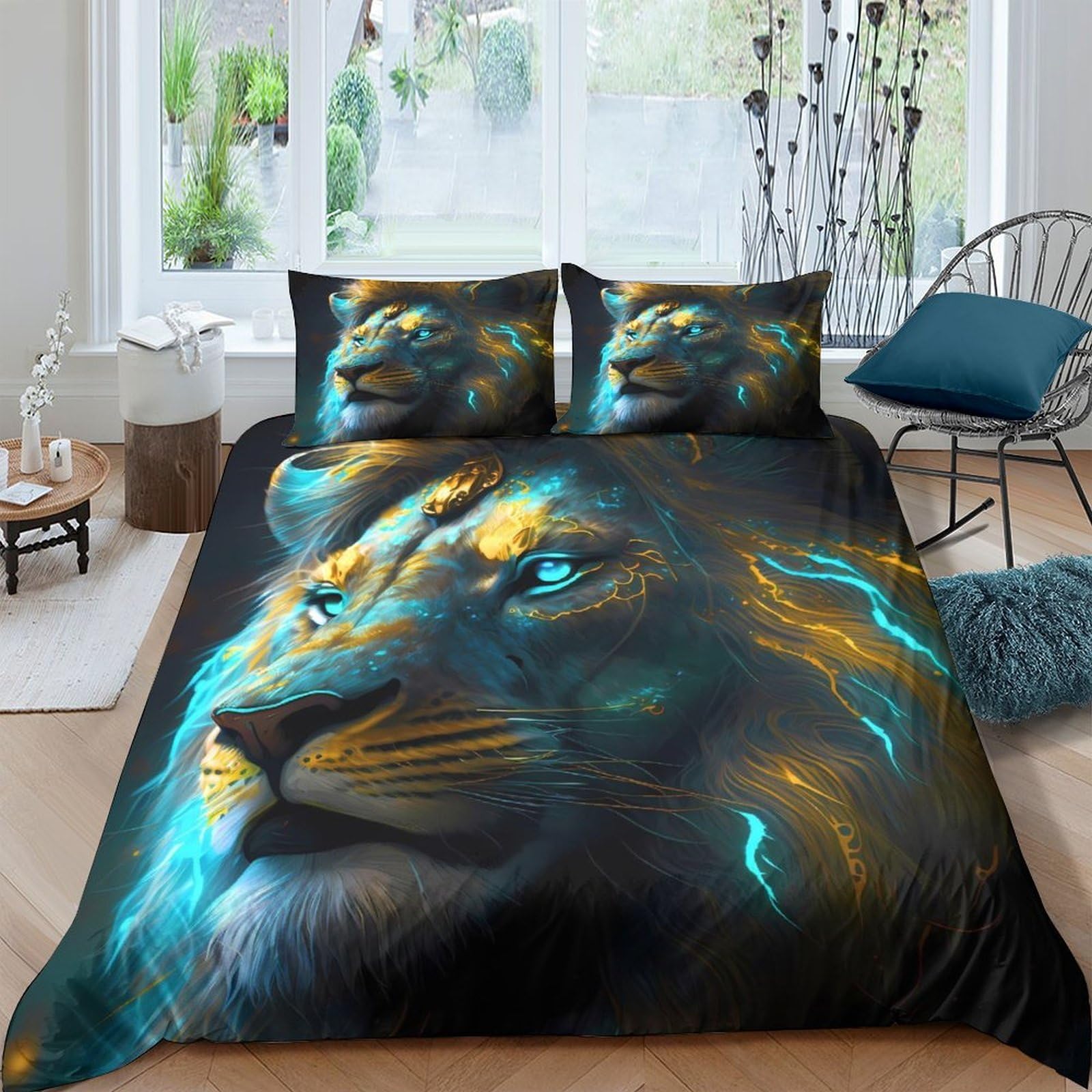 Ctjqhvkz Style-3 3D Printed Neon Lion Fitted Sheet Microfiber Soft Breathable Blue Gold Lightning Mattress Cover Bedroom Decor Single（135X200cm）