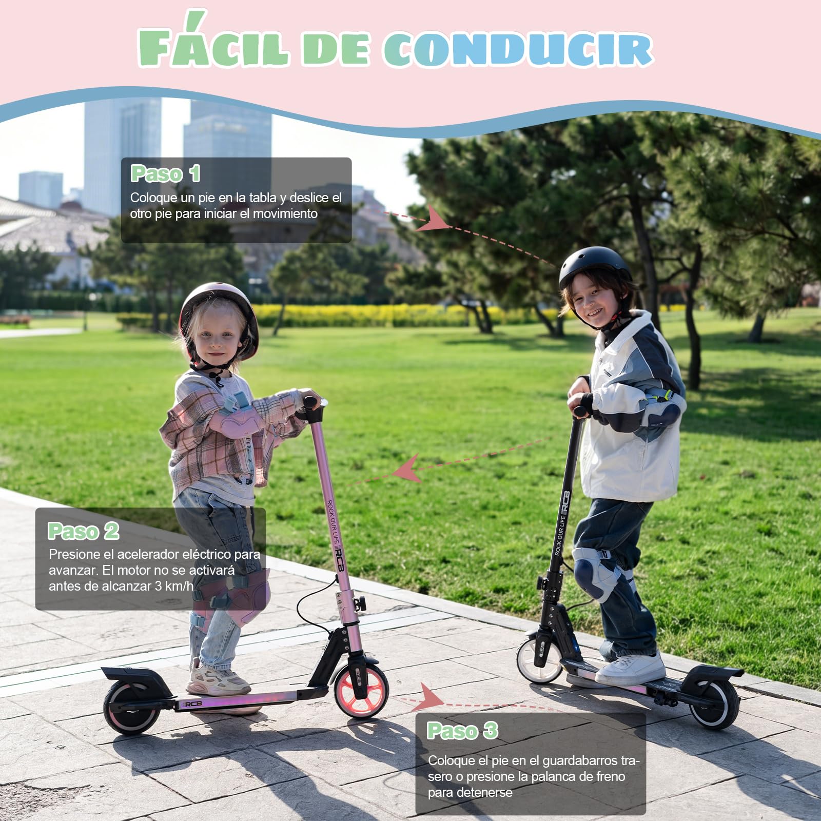 R12 Patinete Electrico para Niño de 6 a 12 años, Scooter Eléctrico Niños de 6,5" con Luces LED y 3 velocidades, Máxi 15 km/h, Autonomía Máxi 10km, Carga Máxi 50 kg, Luces Coloridas