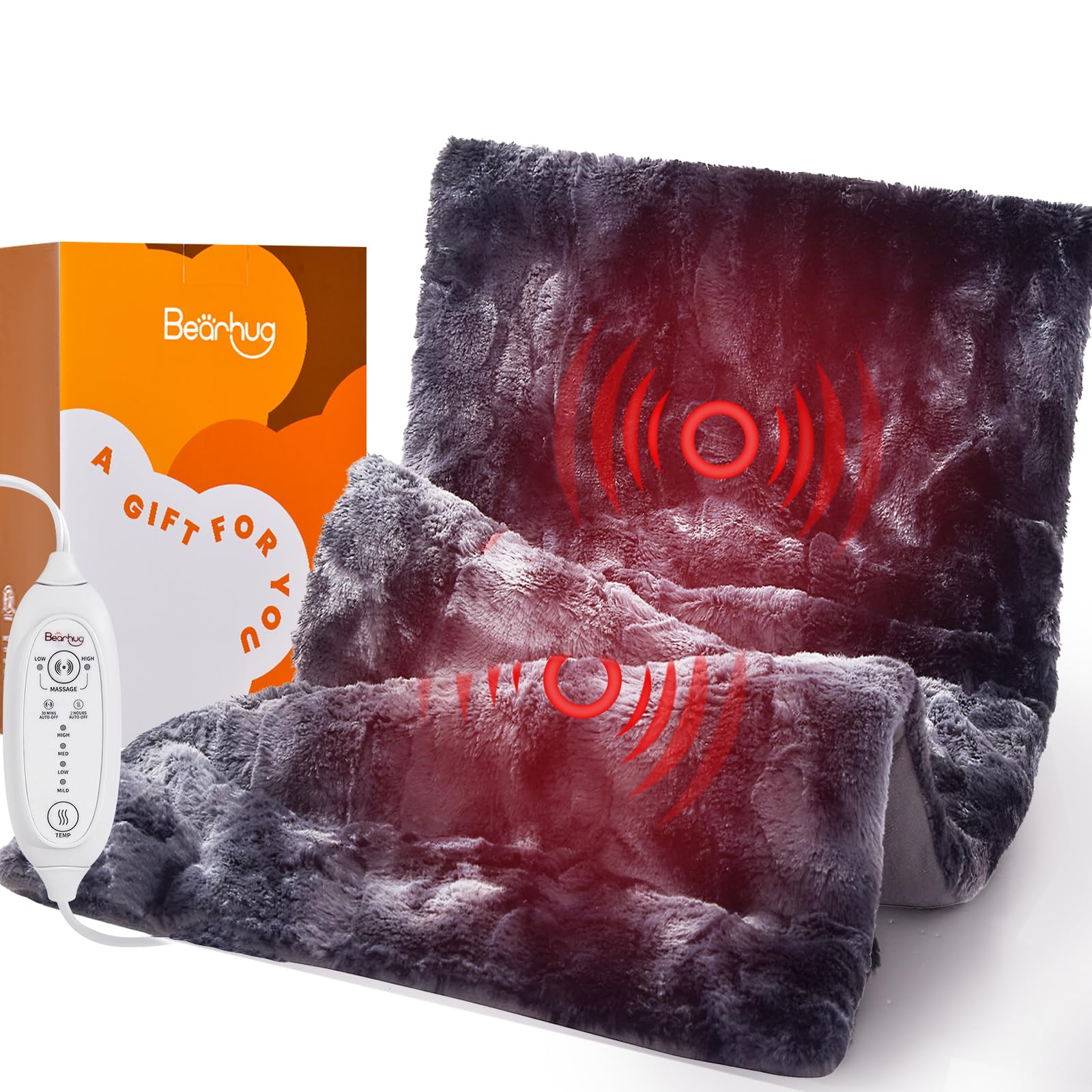 Bearhug Electric Massaging Heating Pad, 12”×24” Weighted Heating Pad, 4 Massage Modes and Heat Levels, 2H Auto Shut-Off, Targeted Relief for Leg, Shoulder, Arm and Neck Pain, Soft Faux Fur, 4.14LB