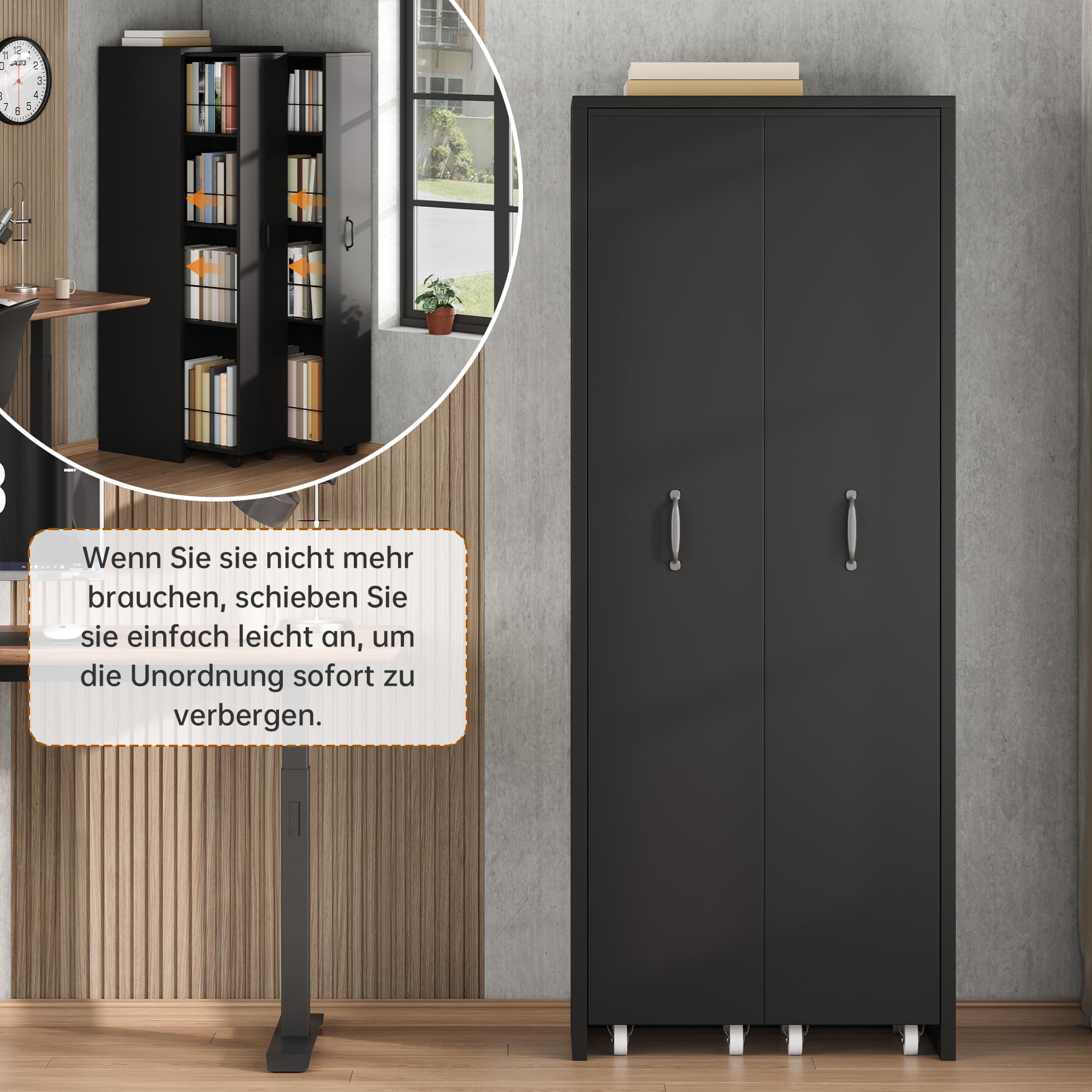 Azkoeesy Libreria a 4 Ripiano Estraibile con Ruote, 52x41x158 cm, Struttura Reversibile in MDF Resistente, Mobile Multifunzionale adatto per Bagno, Cucina e Soggiorno, Nero