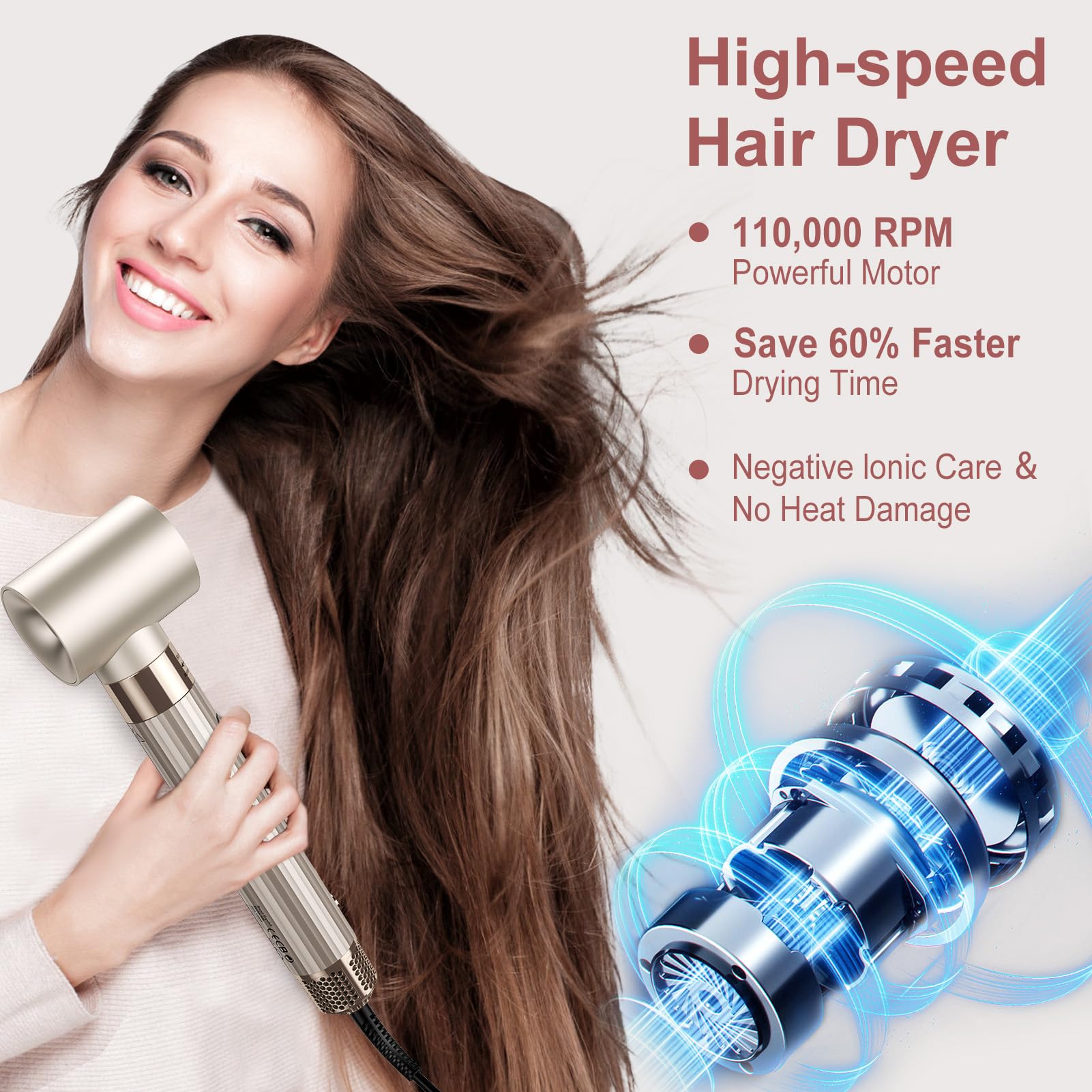 slopehill Airstyler 5 IN 1, 110,000 RPM High-Speed Ionic Haartrockner für Schnelltrocknend, Multi-Haarstyler mit Automatischer Luft-Lockenstab, Haarglätter Bürste ＆ Volumenbürste (Champagner Gold)