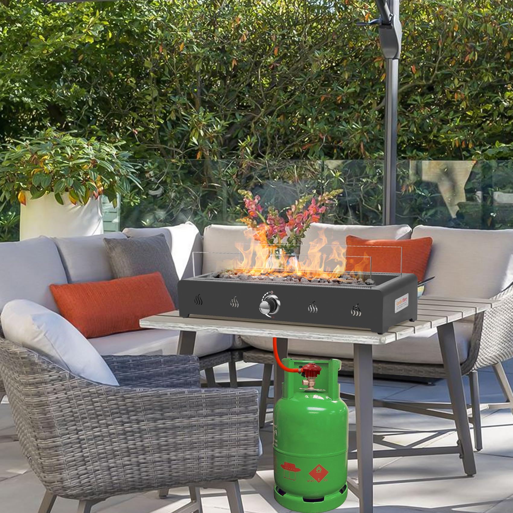 Onlyfire Braciere a gas rettangolare da tavolo, 6,5 kW, riscaldatore a gas per esterni con rocce laviche e protezione antivento in vetro, braciere a propano per patio, cortile ed esterni, montato sul