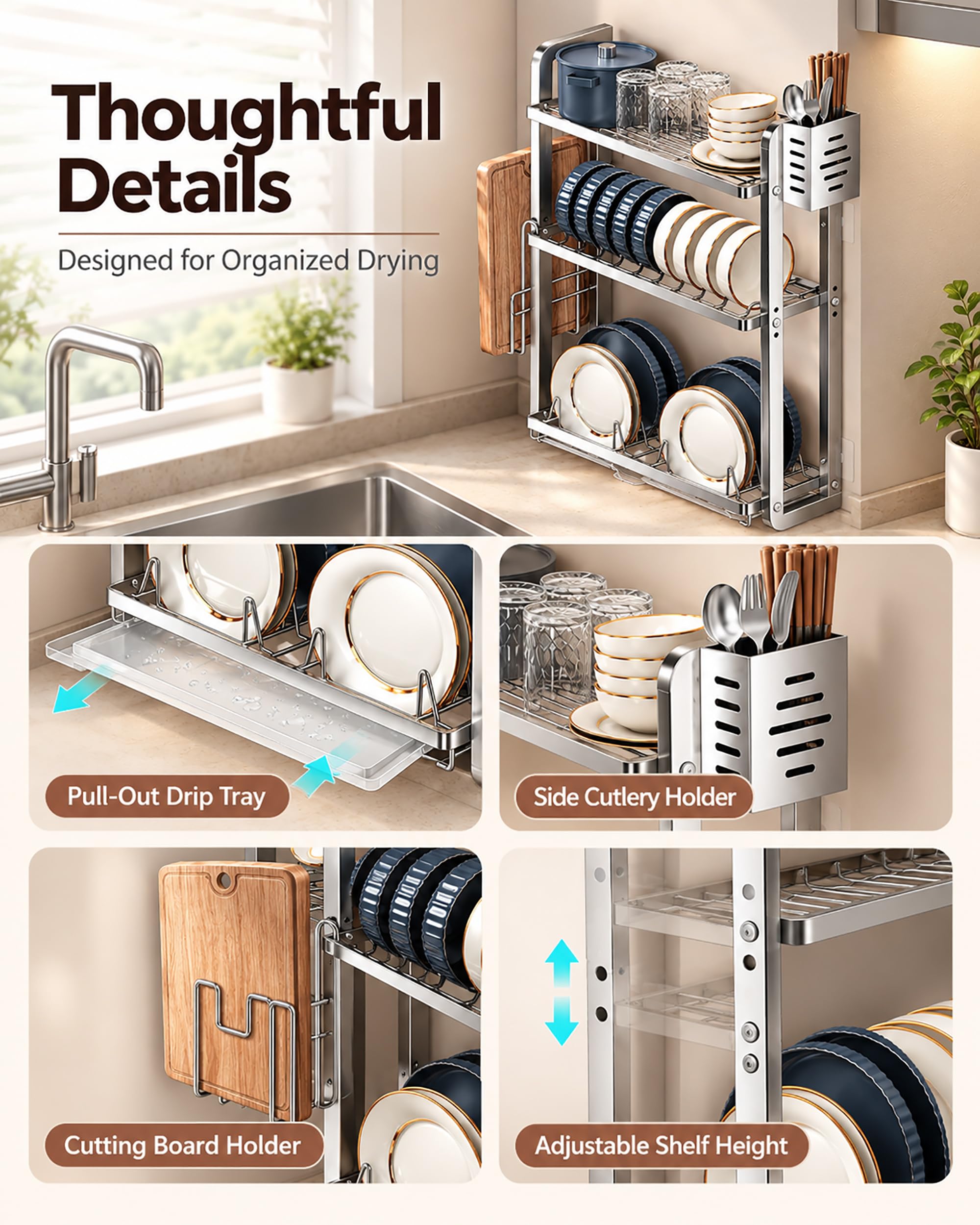 Escurridor de Platos de Pared en Acero Inoxidable - Estante Escurreplatos Estrecho 9.9cm de 3 Niveles Sin Taladrar, Bandeja Goteo y Soporte Tabla para Cocina