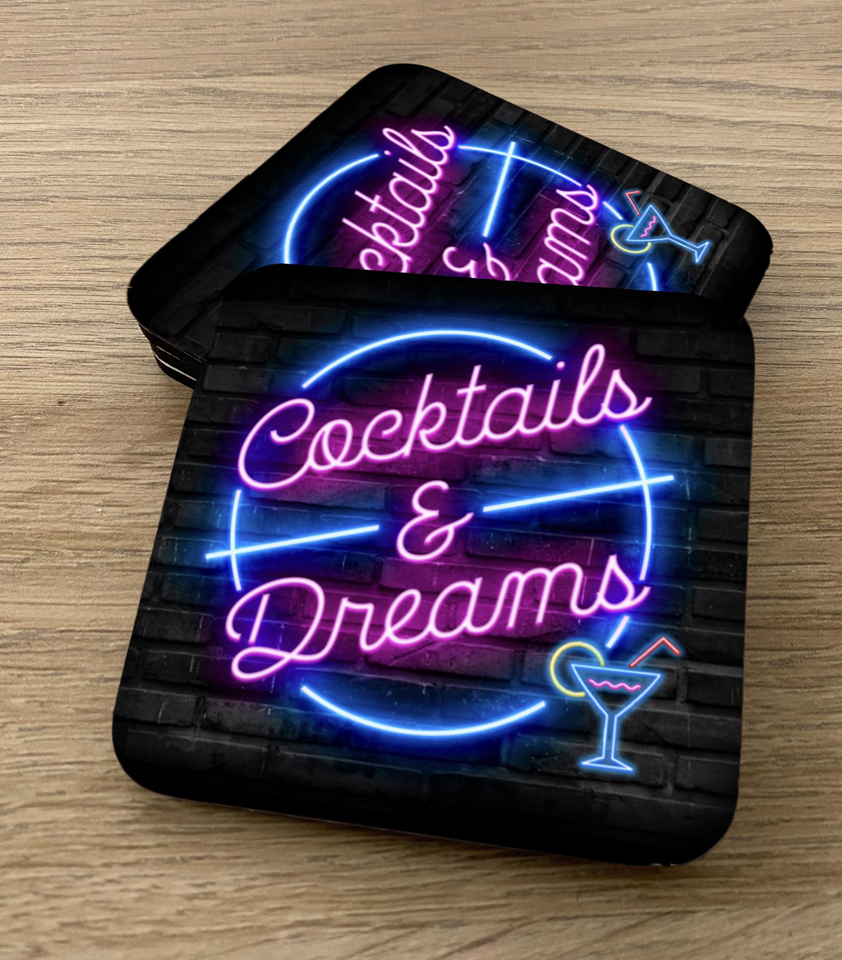 Cocktails & Dreams Coasters - home neon cocktail barware accessories (4 MDF Coasters)