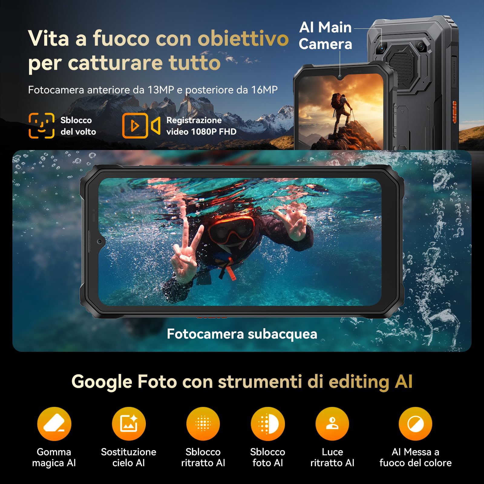Blackview BV6200 Plus Rugged Smartphone 2026, Batteria 11000mAh Telefono Indistruttibile 24GB+128GB/2TB TF, 6.56" HD+, 98dB Altoparlante, Fotocamera AI 16MP+13MP, Fingerprint/NFC/GPS/3 Anni Garanzia