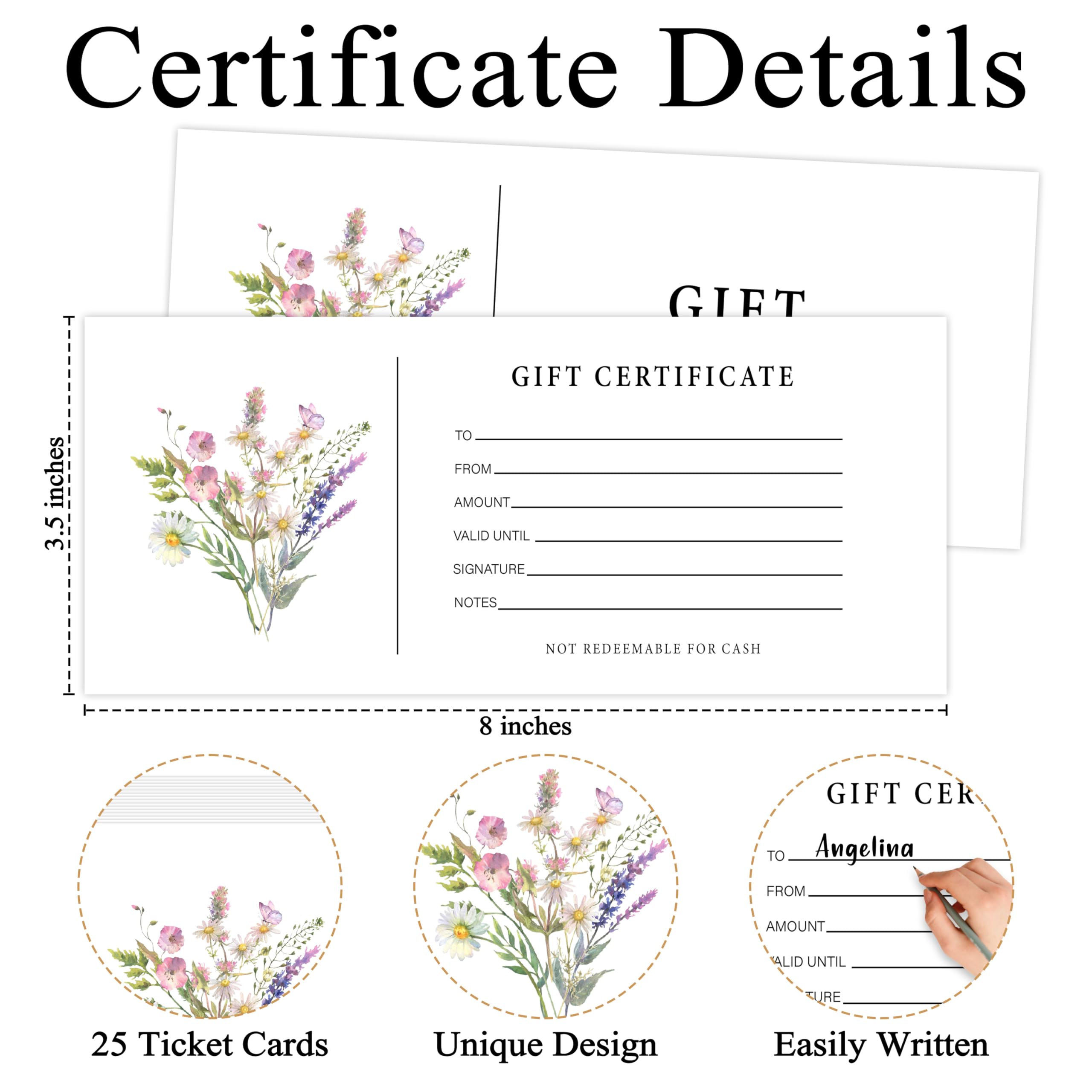Juego de 25 certificados de regalo para negocios, tarjetas de regalo florales en blanco con sobres, regalos para salones, restaurantes, spa, cumpleaños, matrimonio, clientes -07