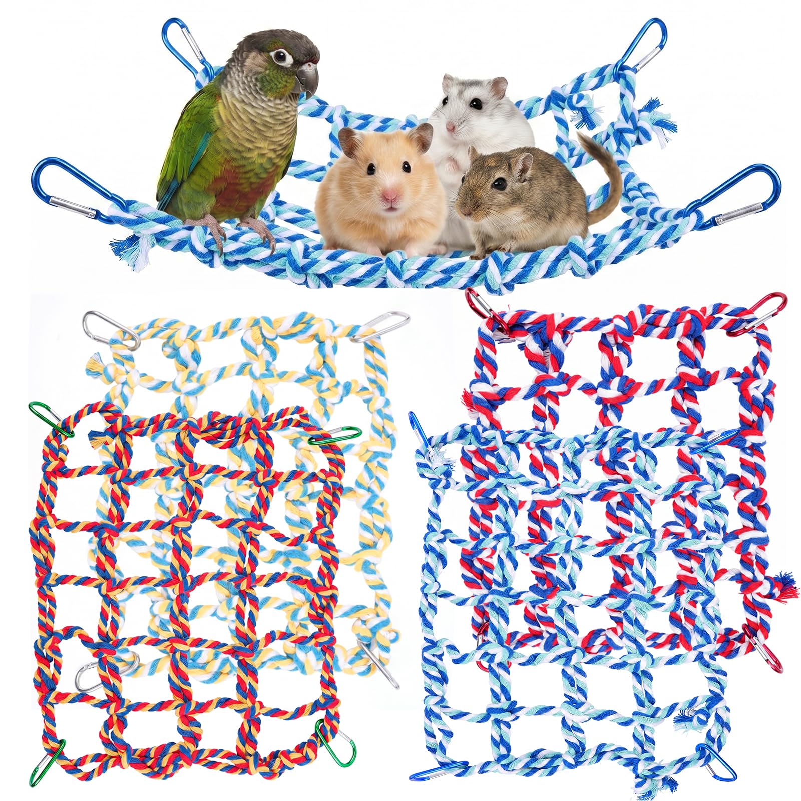 CAIYUANGUANGJIN 4 Pack Colourful Climbing Rope Net for Small Pets, 32x25cm＆28x20cm Parrot Rat Hamster Toy, Hanging Pet Hammock with 4 Hooks Each, Bird Ladder Bridge for Cage