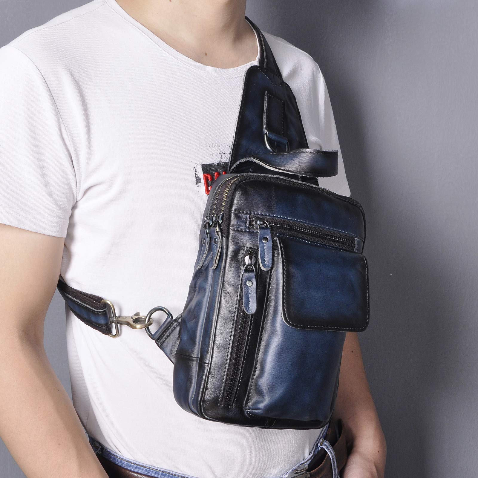 Le’aokuu Herren Echtes Leder Brusttasche Crossbody Bag Sling Bag Schultertasche Gurteltasche Umhängetasche Rucksack Brustbeutel Für Outdoor Sport Reisen B574 (B574 ciemnoniebieski)