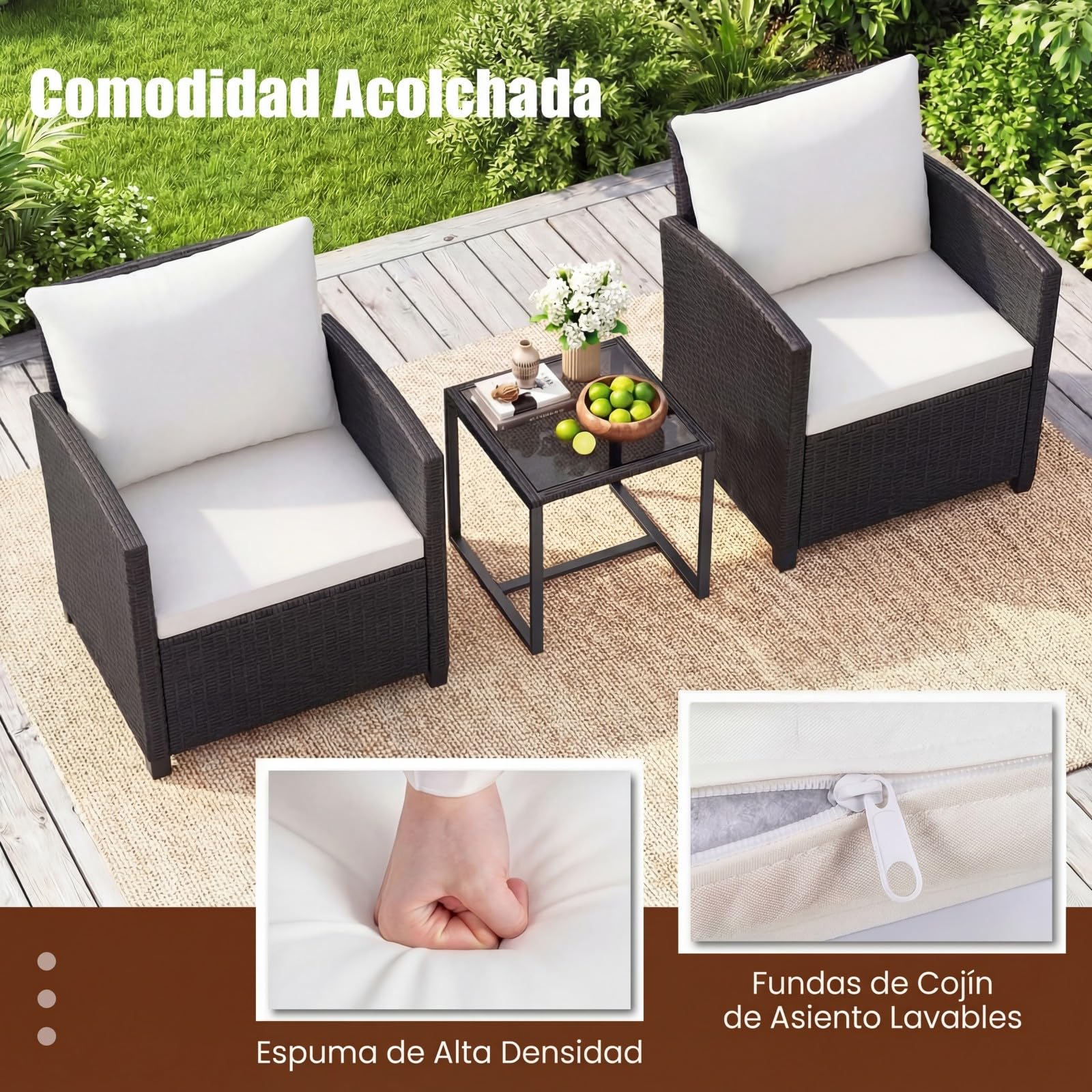 COSTWAY Conjunto Mesa y Sillas Jardin de 3 Piezas, Conjunto de Conversación de Ratán PE con 2 Sillas,Mesa Auxiliar de Vidrio Templado y Cojines con Funda Desmontable para Terraza Patio (Negro+Beige)