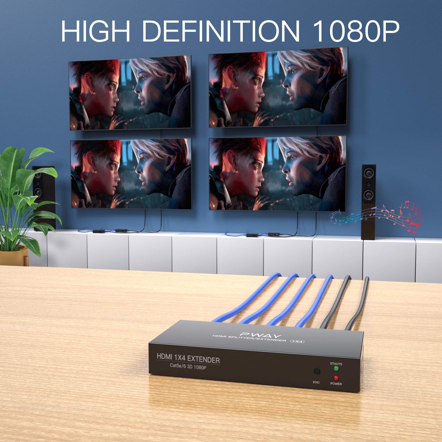 PW-HTS0104 (POC) 1X4 Splitter HDMI Extensor de Divisor Puerto sobre Cat5e/Cat6 Cable Ethernet con Control Sin demora hasta 50m/165ft y Resolución hasta 1080P@60 Hz (1 In 4 out)