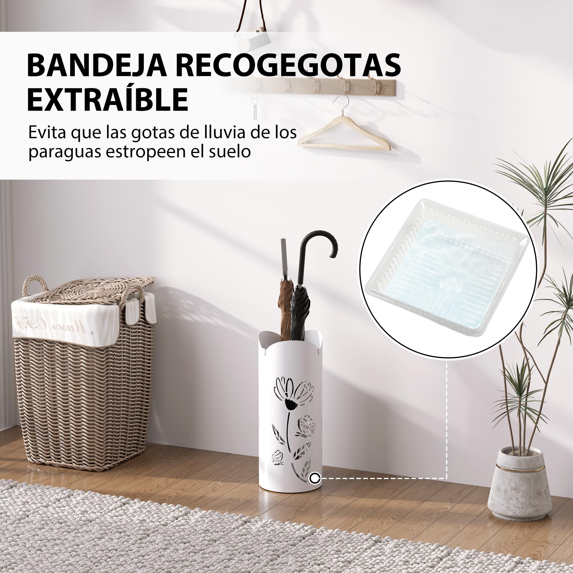 HOMCOM Paragüero de Acero Soporte de Paraguas con 4 Ganchos y Bandeja de Goteo Extraíble Paragüero Blanco para Entrada Oficina 17x17x41 cm