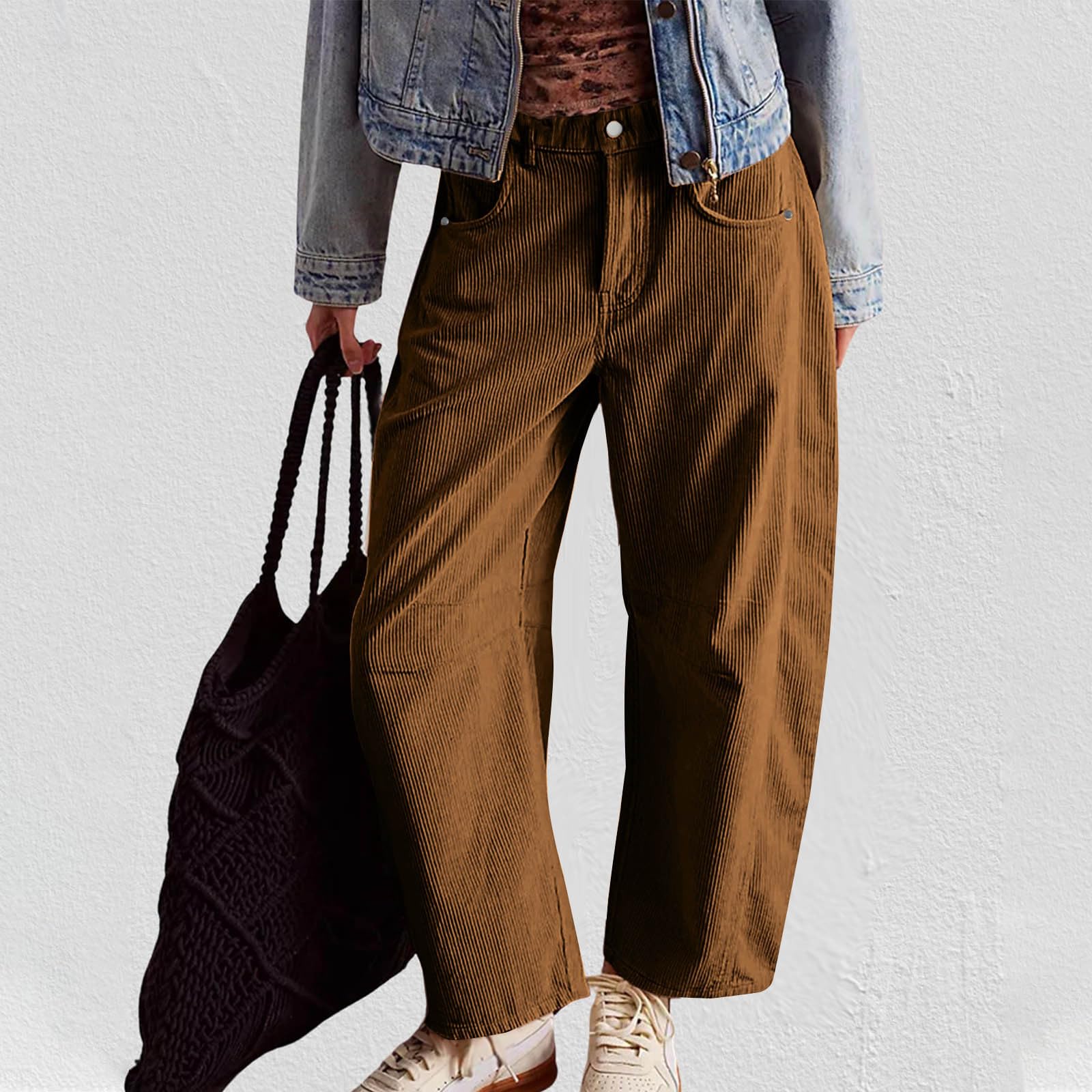 Mujeres Corduroy Pantalones Largos Casuales bolsillos sueltos Cintura elástica Media altura Pantalones rectos C-58 Coffee Large