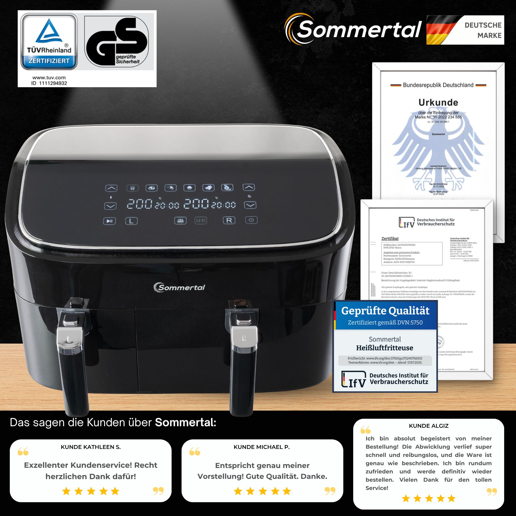 Sommertal HF DUAL 900 Freidora de Aire Doble de 9 litros, freidora de aire con 2 cestas, 2850 W, con función de puerta, sincronización, pantalla táctil, 6 programas, apta para lavavajillas, sin BPA