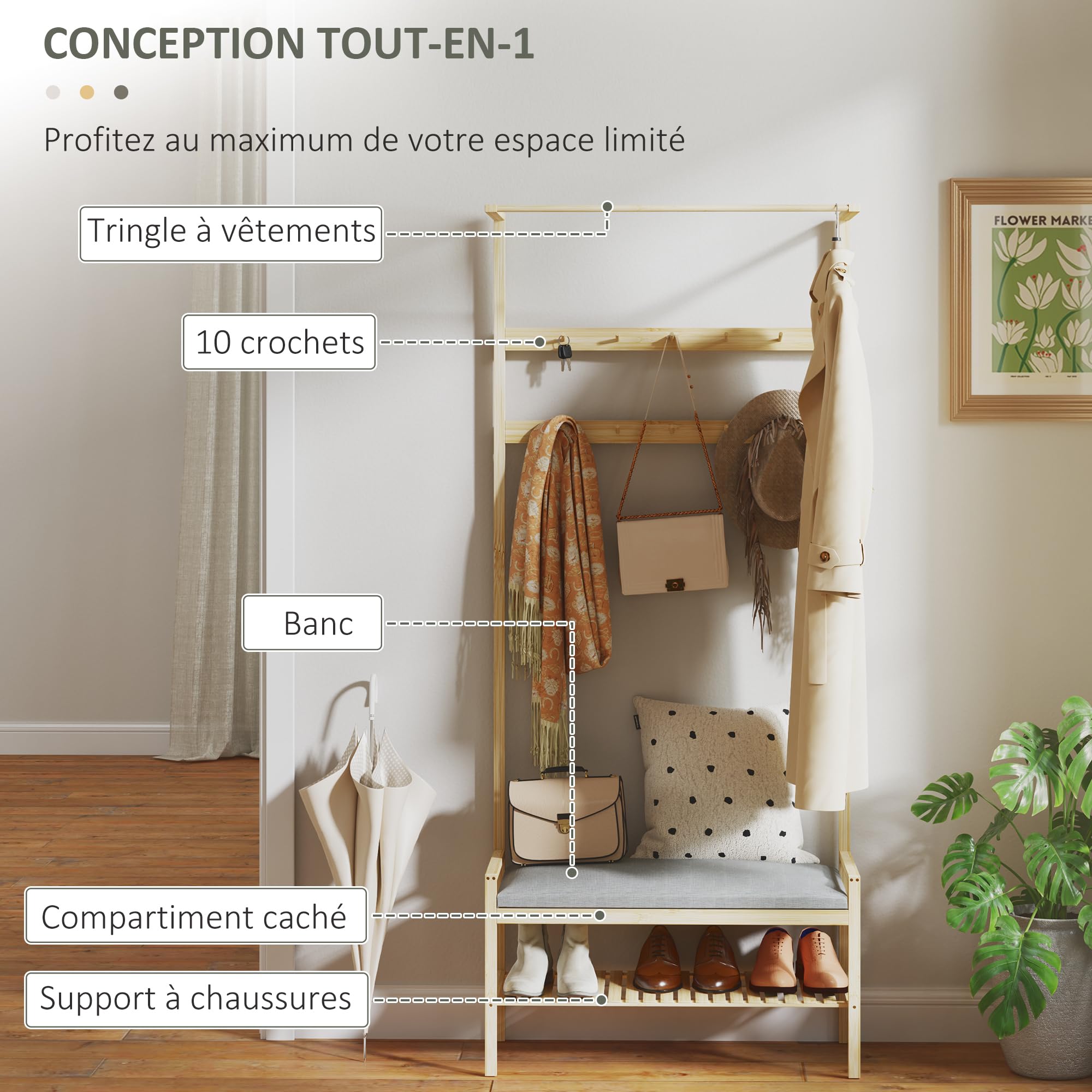 HOMCOM Porte-manteau avec étagère à chaussures en bambou, meuble d'entrée avec banc,10 crochets, tringle à vêtements, coussin rembourré, vestiaire pour entrée, couloir, salon, 73,5x34x171 cm, naturel