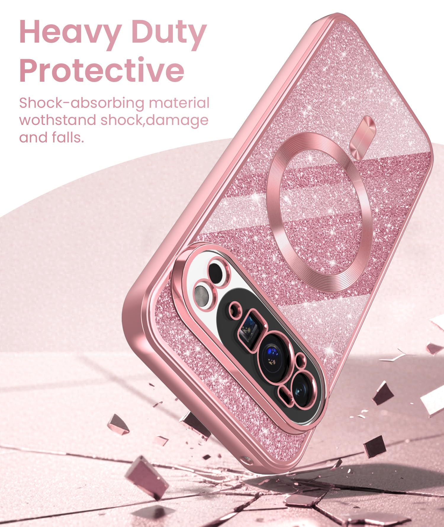 Magnetic for Google Pixel 10 Pro XL Case + 2X Screen Protectors,Luxury Plated Gold Edge [Glitter Card&Wrist Strap] Slim Soft Crystal Clear TPU Shockproof Case Cover for Pixel 10 Pro XL-Pink