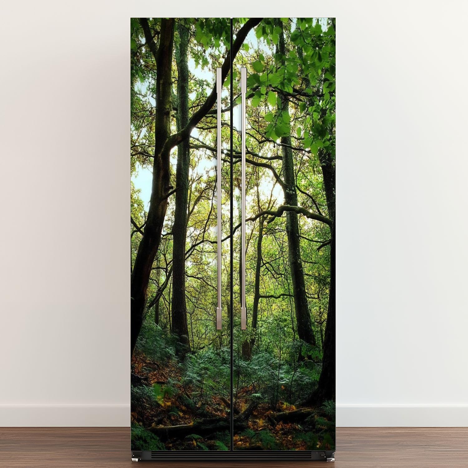 Self Adhesive Vinyl Refrigerator Wrap View from Interior Forest Autumn Cloudy Day Door Mural Sticker Peel and Stick Removable Door Cover Fridge Wrap Decal for Kitchen Decor