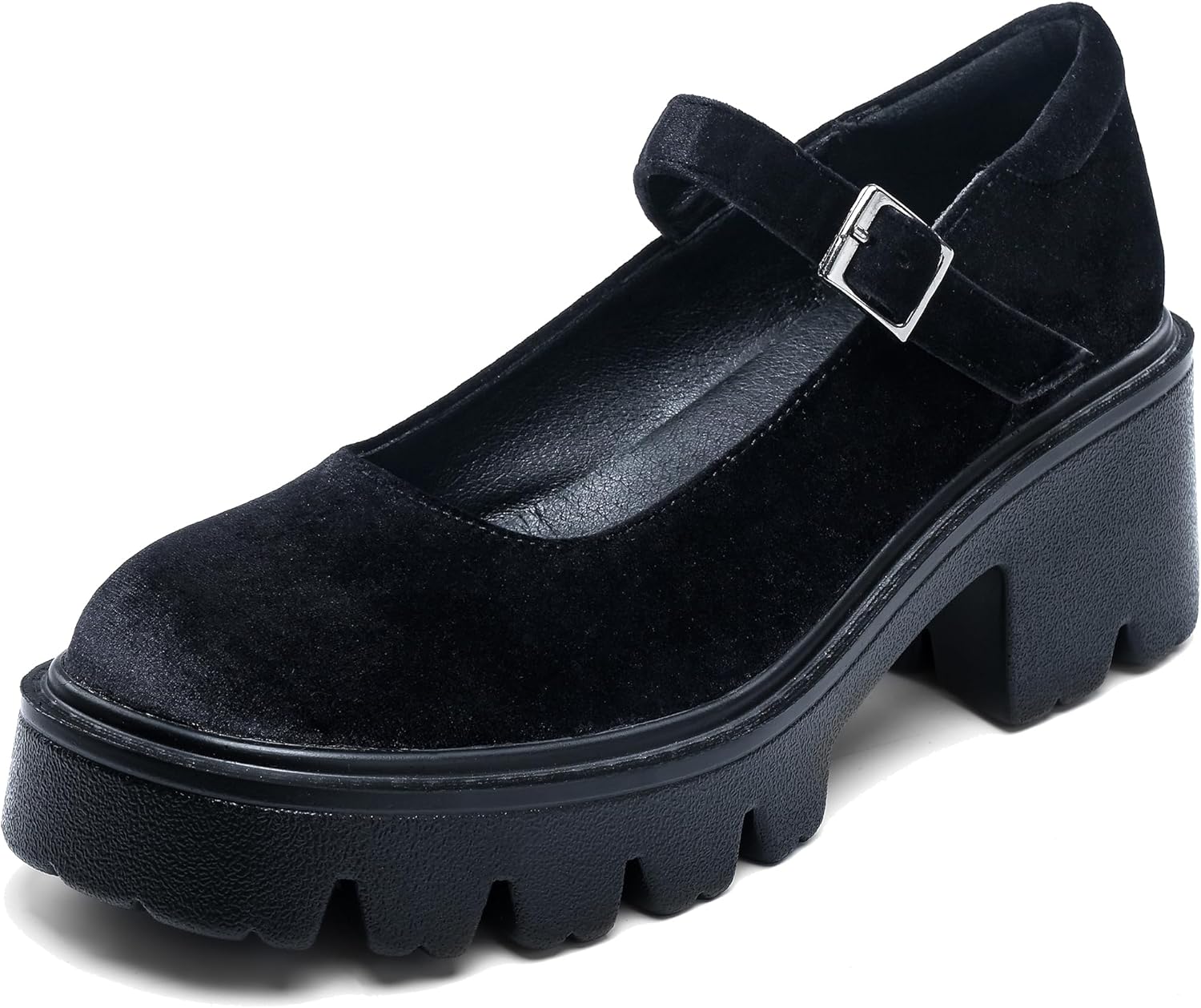 Women's Mary Jane Shoes - Platform Mary Janes for Women, Black Velvet Round Toe Chunky Dress Shoes with Adjustable Ankle Strap