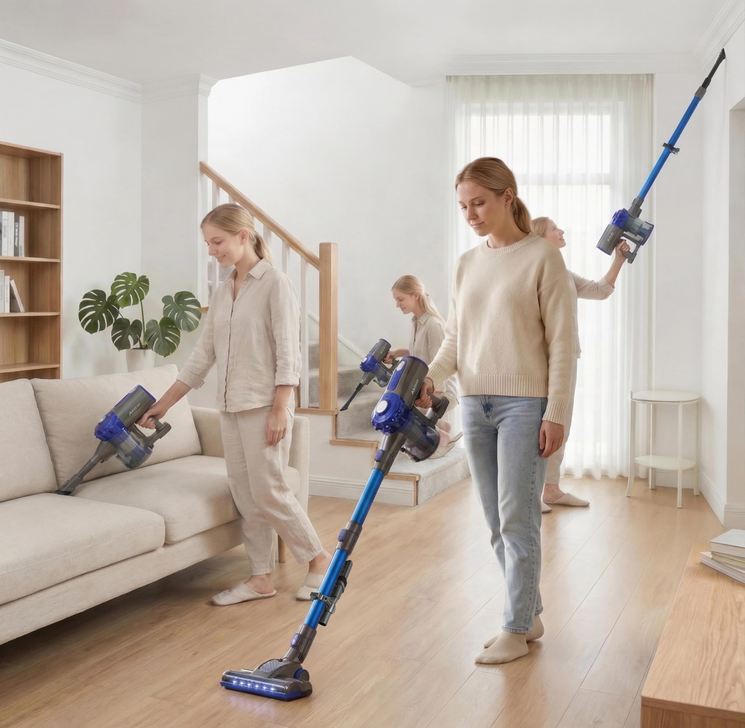 Akitas Akitas V8 3-in-1 Cordless Hoover Vacuum Cleaner Handheld & Upright Lightweight 22.2 V 150 W, Rechargeable Lithium Battery for Floors Carpets and Pet Hair in use