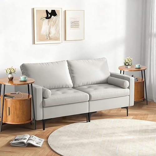 Miniatura 7 de DHH Mesas auxiliares redondas con estación de carga, mesa auxiliar estriada con puerta corredera, mesita de noche moderna de mediados de siglo para