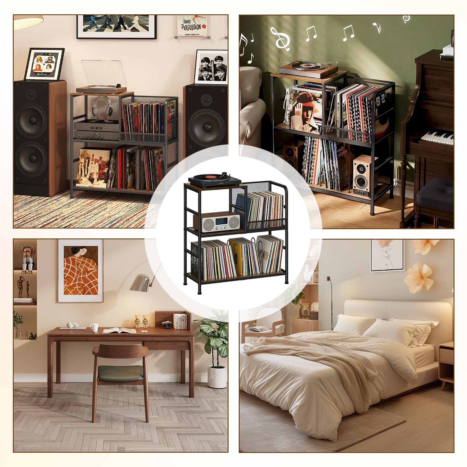 Support de tourne-disque à 3 niveaux - Peut contenir jusqu'à 150 albums - 72,9 x 76,7 x 30 cm - Rustique - Pour salon, chambre à coucher et magazines