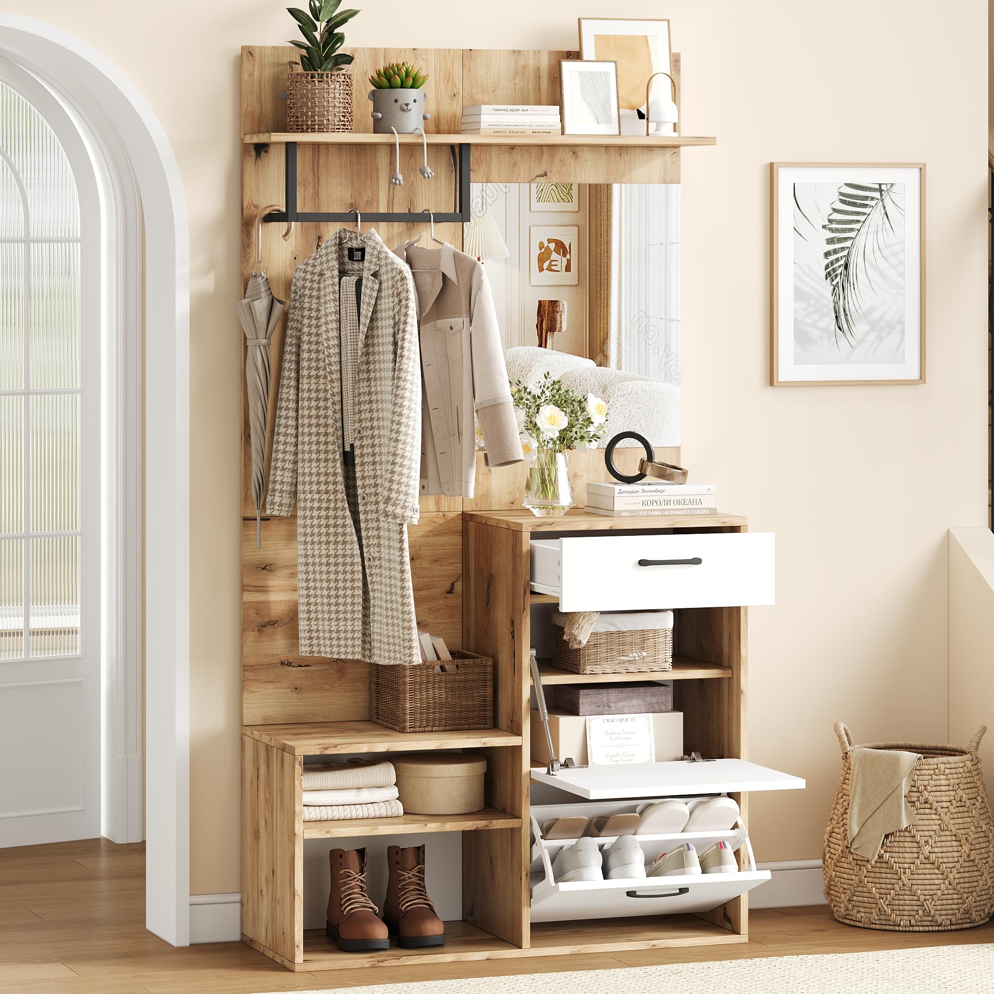ModernLuxe Coat Rack with Shelf, Mirror, Clothes Rail, Shoe Bench, Shoe Rack & Drawer, 7-in-1 High-Gloss Hall Tree Coat Stand, Space-Saving Storage for Hallway, White + Wood, 100 × 38.5 × 190 cm