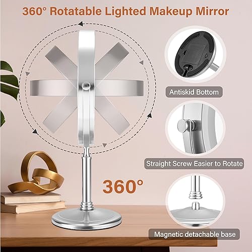 Miniatura 5 de VESAUR Espejo de maquillaje iluminado, 9 pulgadas, grande, recargable, 1X10X, espejo de aumento HD de doble cara con 3 colores, espejo de tocador